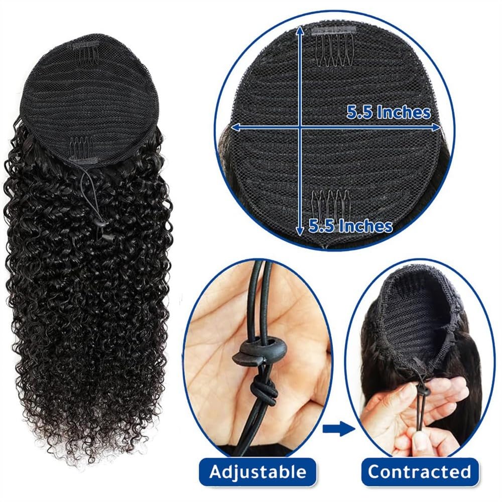 Pferdeschwanzverlängerung Kinky Curly Drawstring Ponytail Clip In Hair Extensions 10-26 Inch Brazilian Virgin Hair Deep Curly Ponytail Extensions, 1B# Natural Black Tails Haarverlängerungen(10inches)