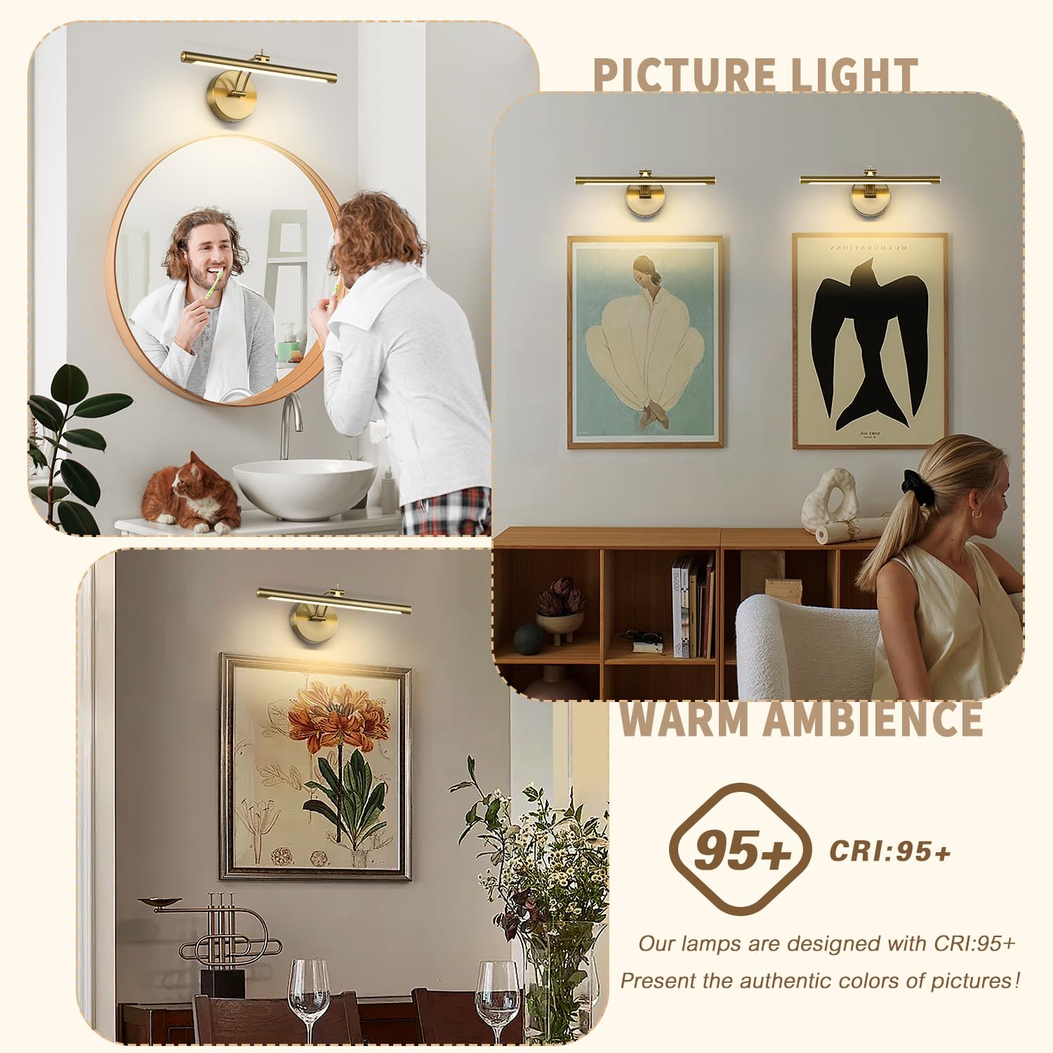 7Degobii Picture Light Dimmable Hard Wired 15.75 Inch Adjustable Swing Arm Brass Wall Lights for Pictures Led Display Light for Artwork 7W Warm White