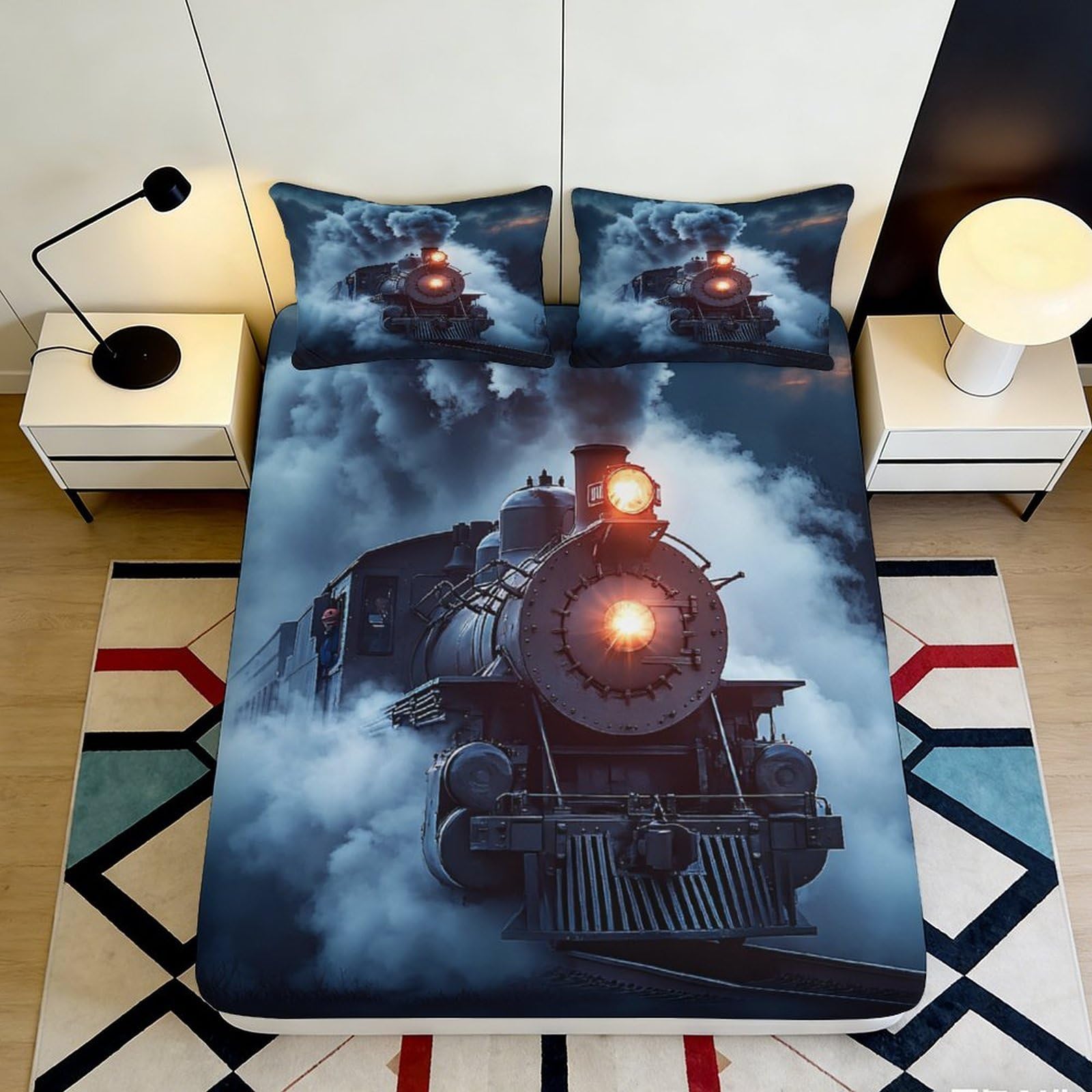 3D Printed Steam Train Fitted Sheet Microfiber Soft Dark Blue Locomotive Bed Cover for Bedroom Guest Room Mattress Decor 90x200x25cm