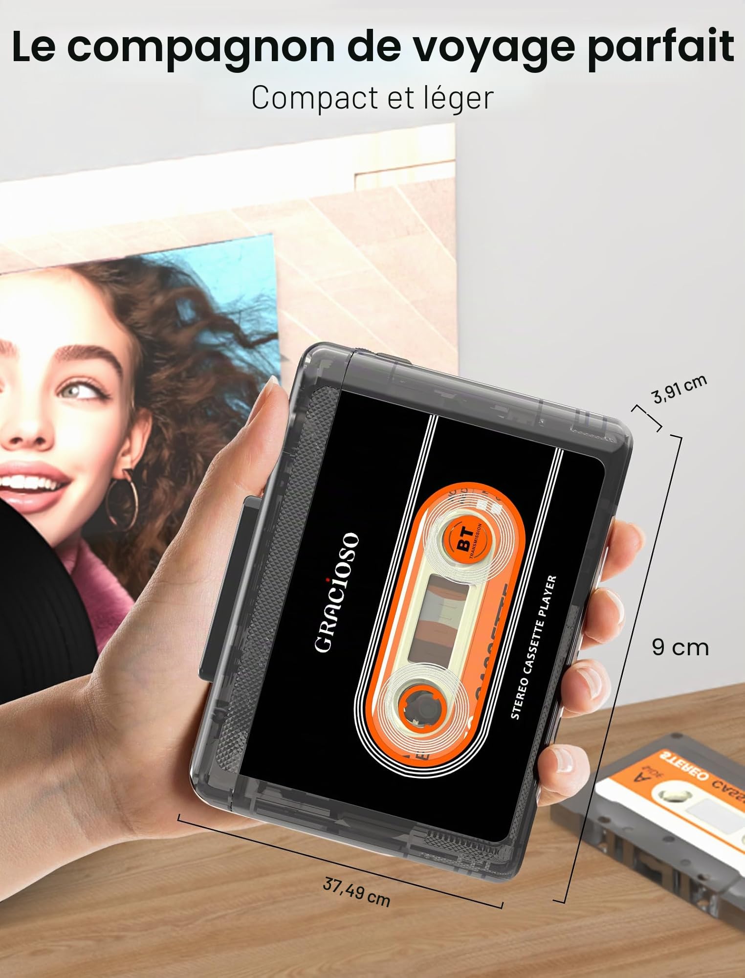 Lecteur cassette Bluetooth avec batterie rechargeable de 1100 mAh, lecteur cassette compact vintage avec écouteur, lecteur microcassette avec clip arrière pour la maison, le parc (Noir)