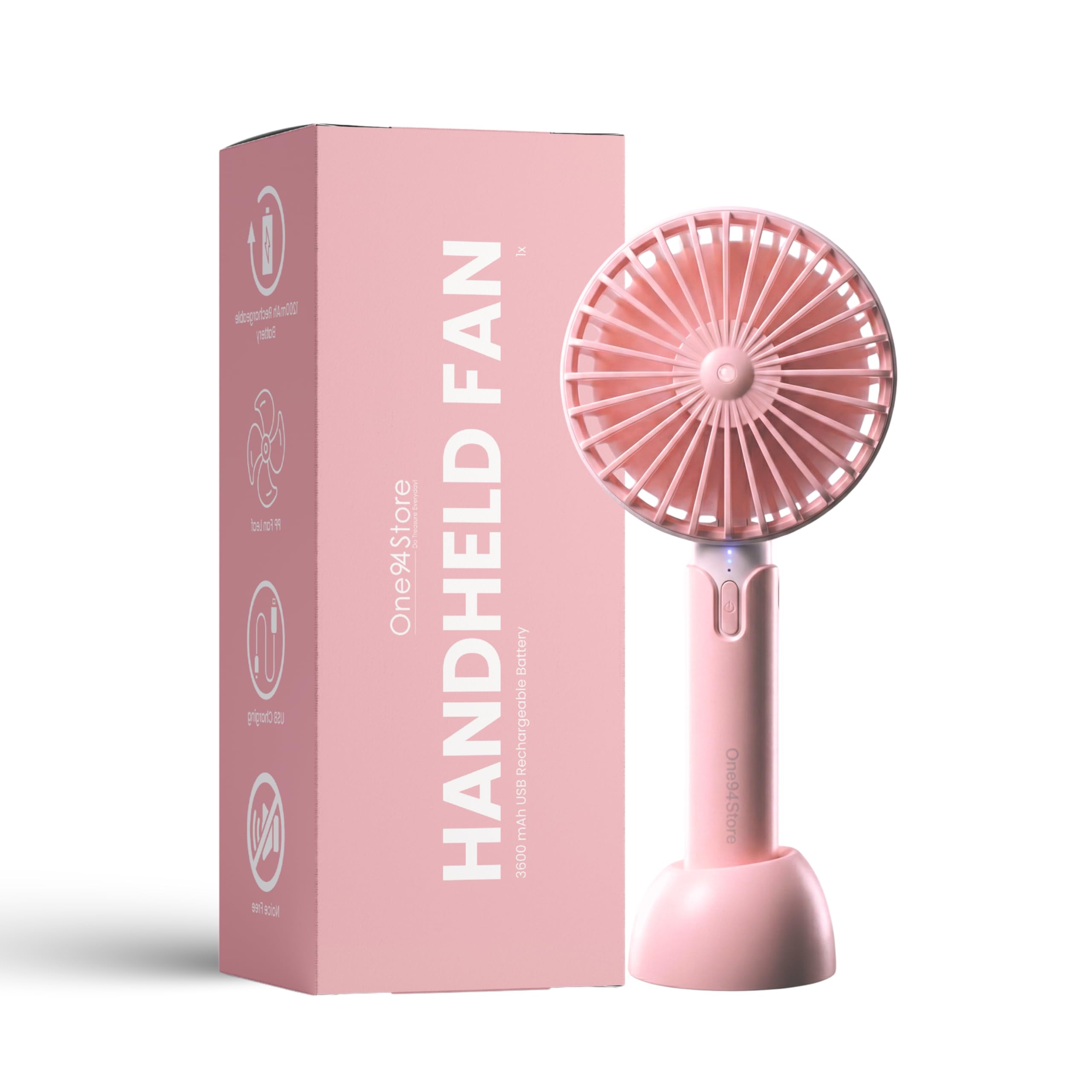 One94Store High Speed Portable USB Hand Fan, 4800 RPM, 1200mAh Rechargeable Battery, Up to 6H Runtime, 3 Speed Modes for Travel, Office & Makeup, Pink โ Mini Fan, Hand Fan, Small Fan, USB Fan
