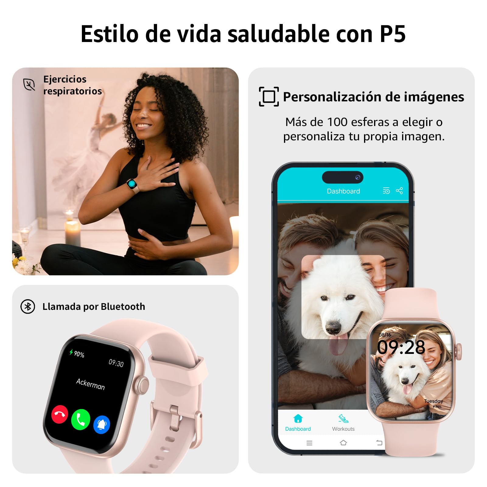 AcclaFit Reloj Inteligente Mujer Hombre, 1.85" Smartwatch con Llamadas Bluetooth, 140+ Modos Deportivos con SpO2/Pulsómetro/Monitor de Sueño/Podómetro, Impermeable IP68 para Android iOS Pink