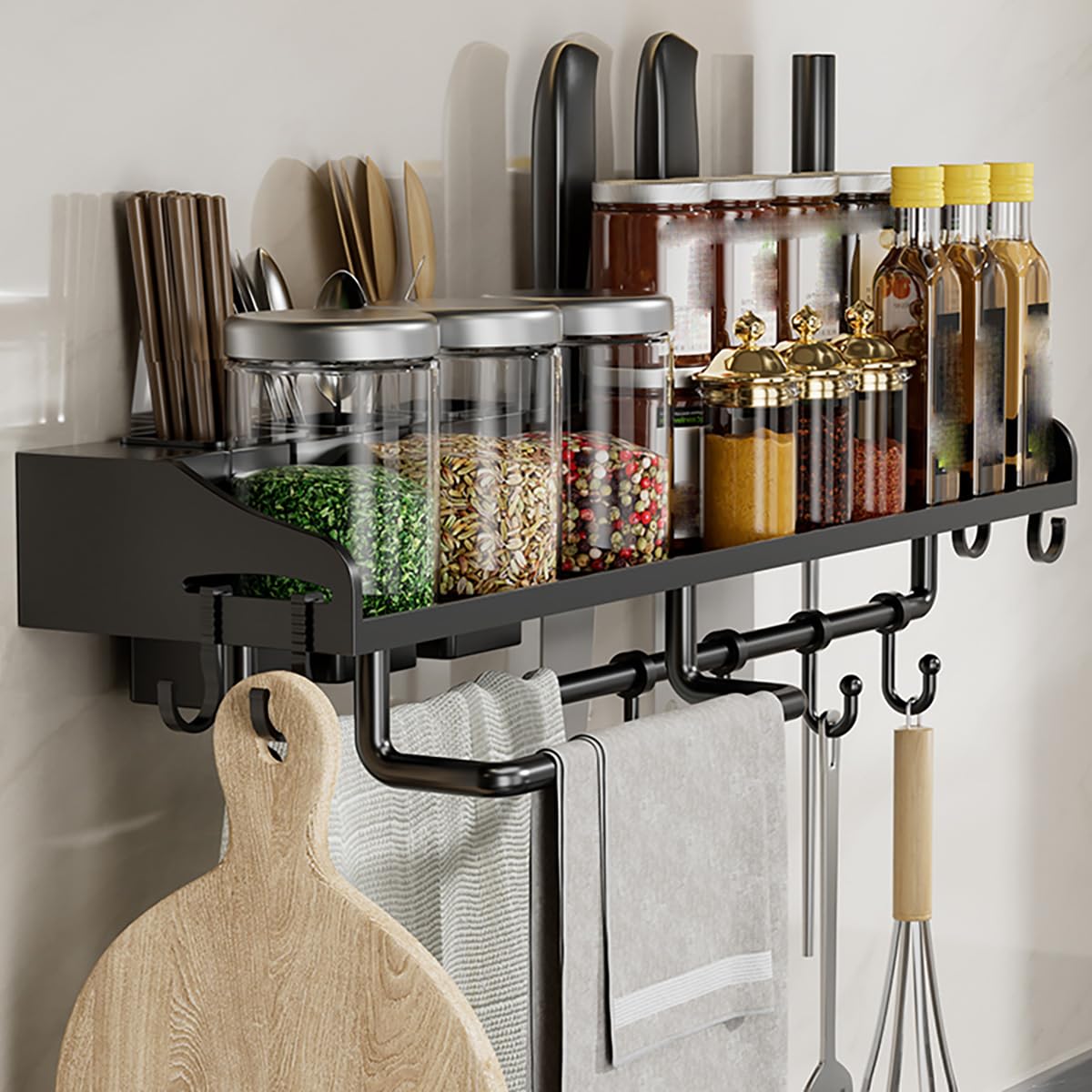 MYUYEE Spice Rack Over Stove Wall Mount, Hanging Spice Organizer Shelf With Utensil Holder Hooks, Utensil Rack For Kitchen Storage & Organization,Black,30Cm(Black-40Cm)