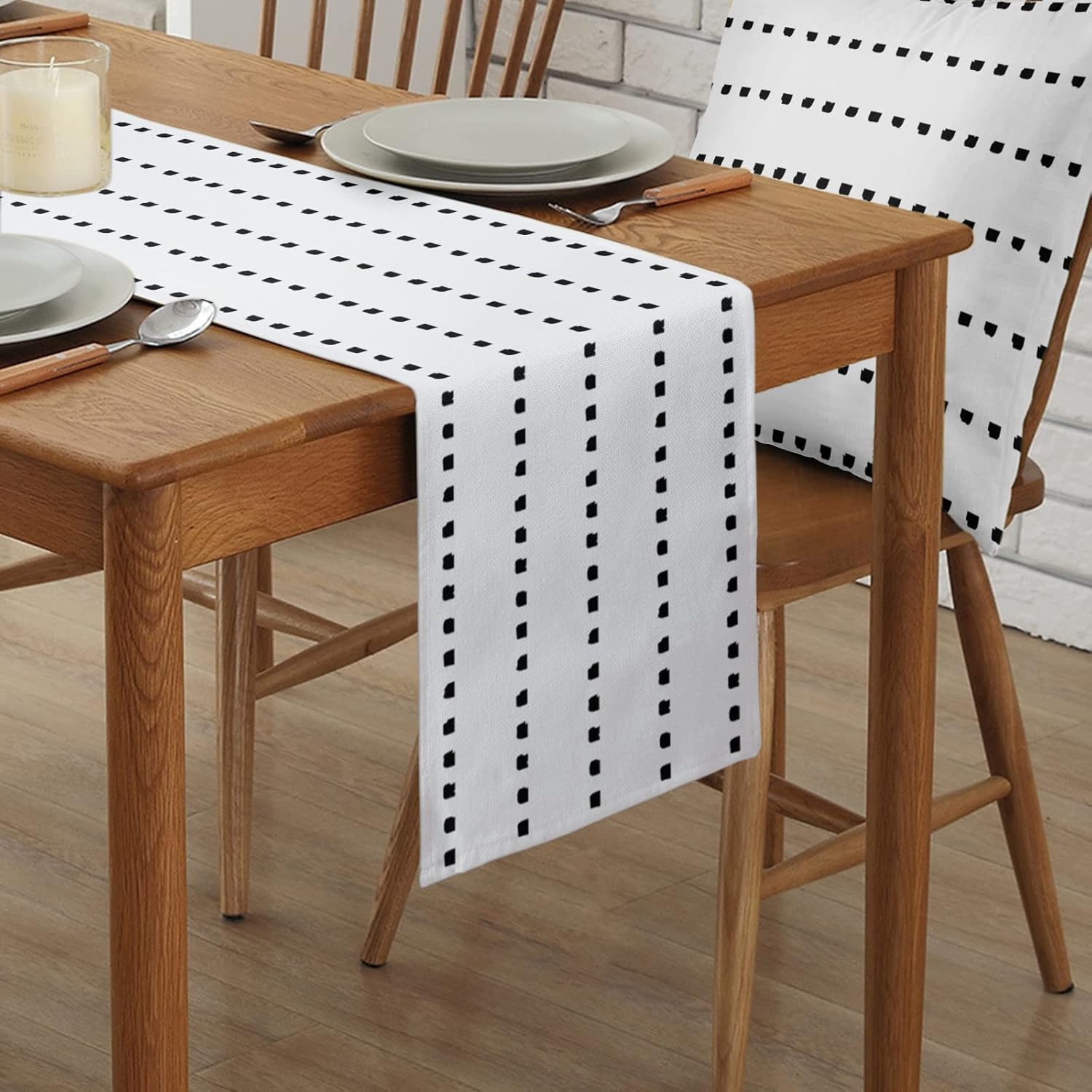 Boho Table Runner,Black White Geometric Polka Dots Minimalist Burlap Dresser Runner Kitchen Dining Table Scarf,Table Runners for Indoor Outdoor Home Party Decoration,13x108 Inch