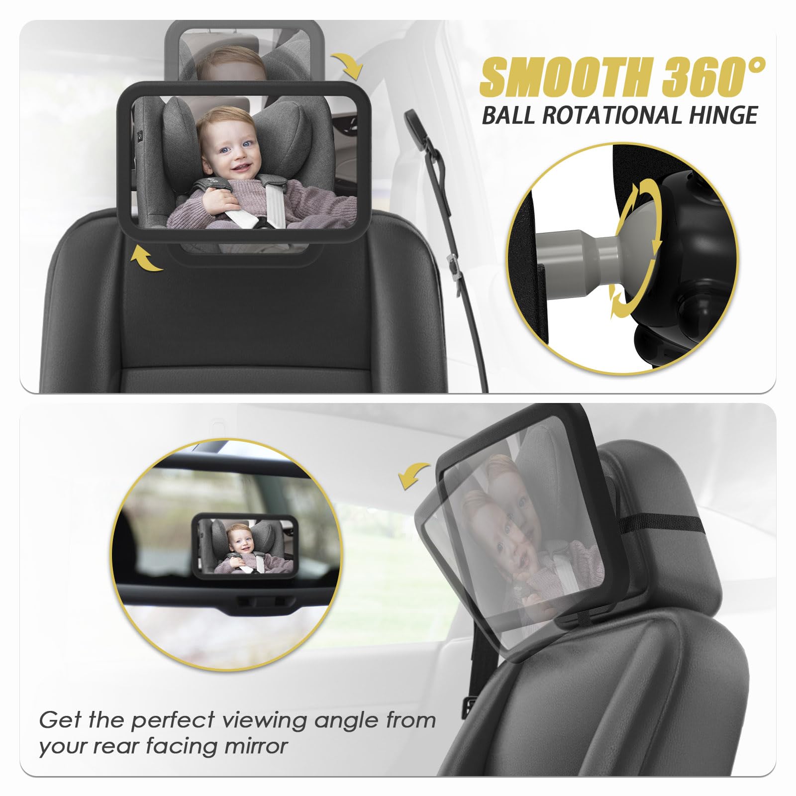 Espejo Coche Bebé Asiento Trasero de 360 Grados, Construcción Acrílica Irrompible, Ajustable en ángulo para Coche, Ajuste Universal Retrovisor, Espejo Retrovisor Asiento Infantil