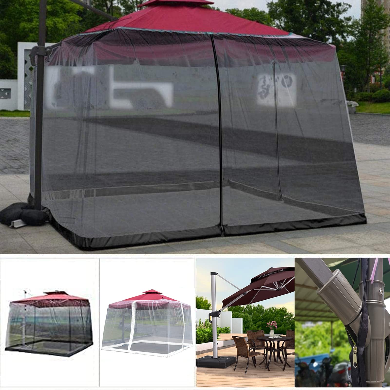 WOKEZ Zanzariera per ombrellone da Patio, zanzariera Quadrata da 3 x 3 x 2.3 Meters, con Corda Regolabile e Doppia Porta con Cerniera, Gazebo per Zanzariera Ombrelloni da Esterno,Bianca,300x300x230cm