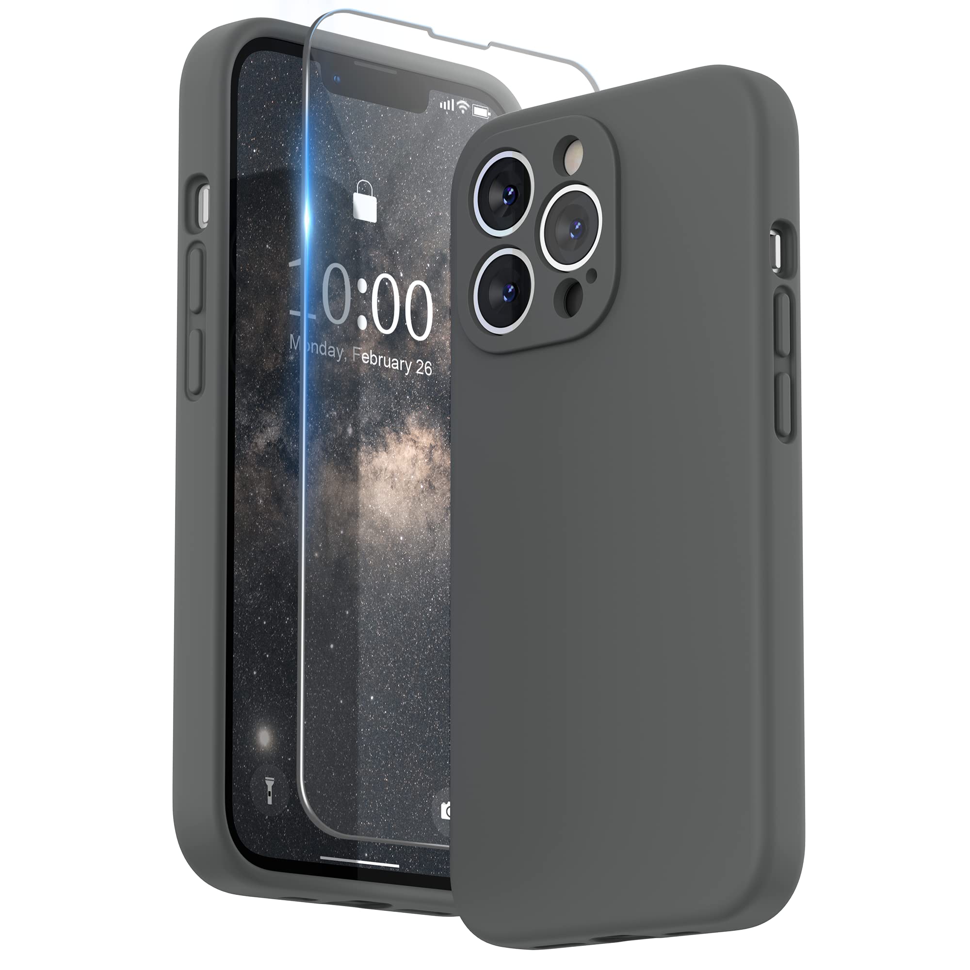 SURPHY Case for iPhone 13 Pro Case with Screen Protector, 13 Pro Liquid Silicone Phone Cases (Camera Protection & Soft Microfiber Lining), Space Gray