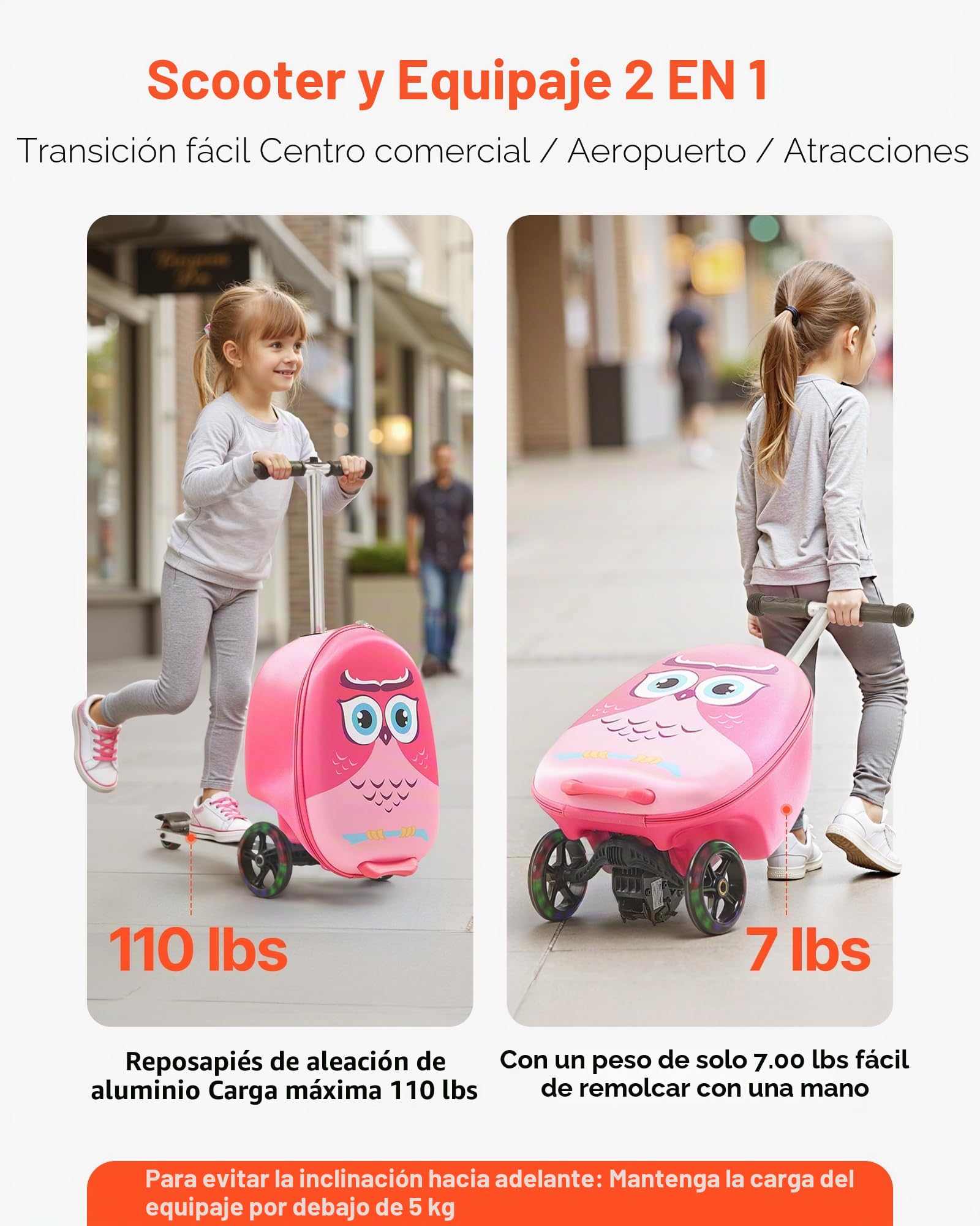 VEVOR Maleta Patinete Infantil 315x670x790 mm Capacidad de 20 L con Ruedas de Poliuretano Asa Ajustable Agarre Antideslizante de TPR Plegable y Ligera para Niños Mayores de 5 Años para Viajar, Rosa