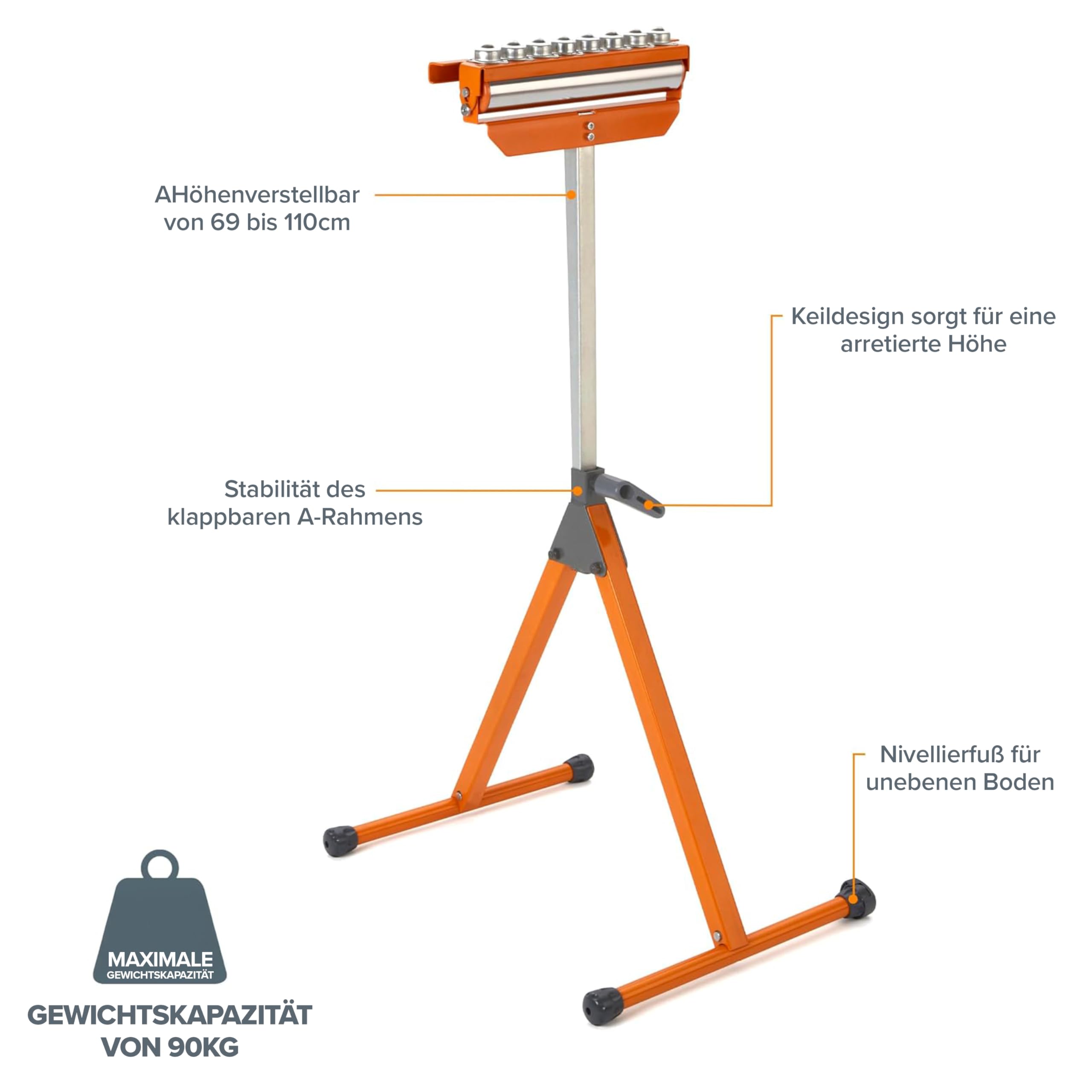 BORA Portamate PM-5093 Rollenständer 3-in-1 – höhenverstellbar 68–110 cm, polierte Stahlrolle 28,6 cm, Kugellager, multidirektionale Kugelrollen, Tragkraft 136 kg