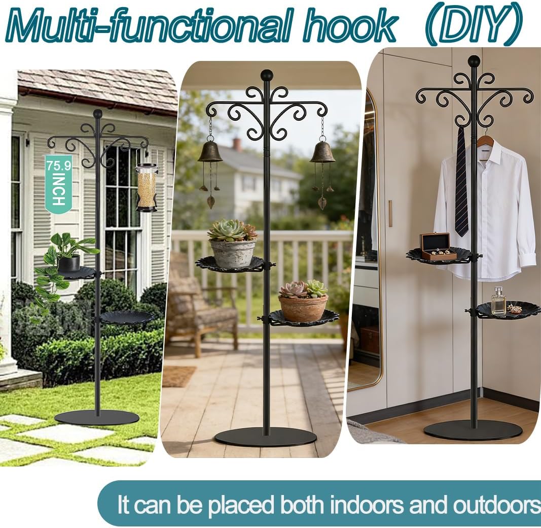 Thickened 74.5" Shepherd's Hook with Stand，Bird Feeder，Wind Chime Hanger Stand, Waterproof Metal & Adjustable-Height Pole Holder for Lantern ，Wreath, Hanging Plants Indoor & Outdoor（2 Placement Racks)