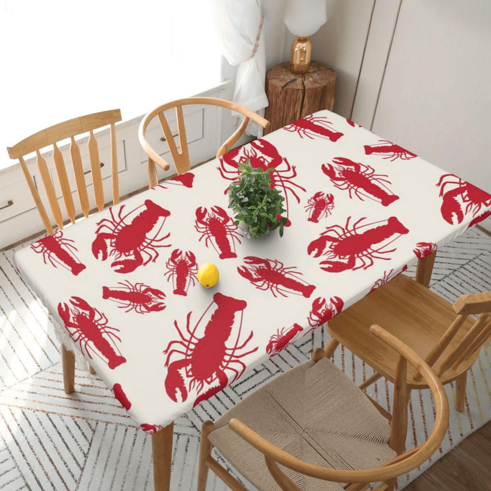 DCEHGEW Elastic Fitted Rectangle Tablecloth for 5ft Tables, Red Lobster Printed Oilproof & Washable Fabric Picnic Table Cloth Table Covers
