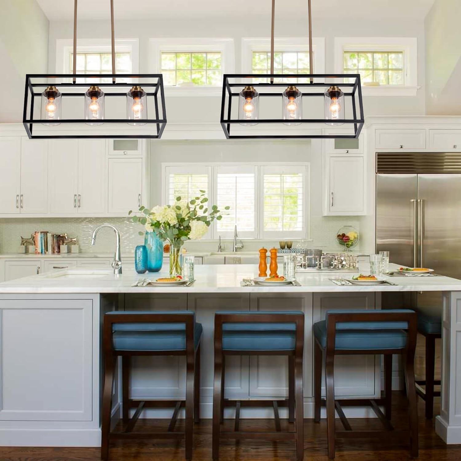 Black Farmhouse Kitchen Island Lighting, Modern Industrial Chandelier, 3-Light Linear Rectangular Pendant Light Fixtures for Farmhouse Kitchen Dining Room Bar Foyer(Metal, Height Adjustable)