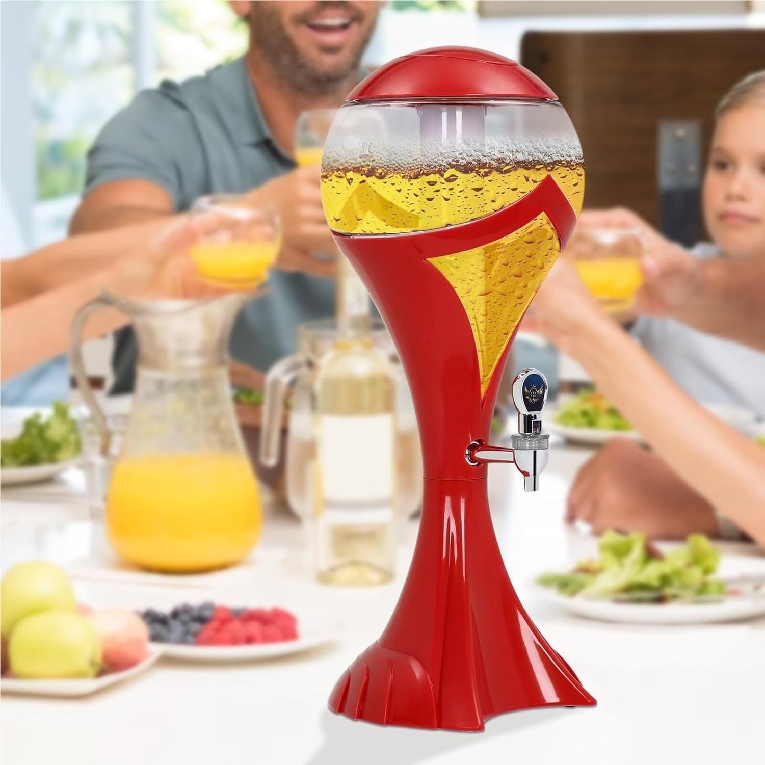 Dispensador de Bebidas 3L, Jarra de Zumo y Cerveza para Fiestas, contenedor de Agua con Tubo de Hielo, Rojo, 7,67x20,08 Pulgadas