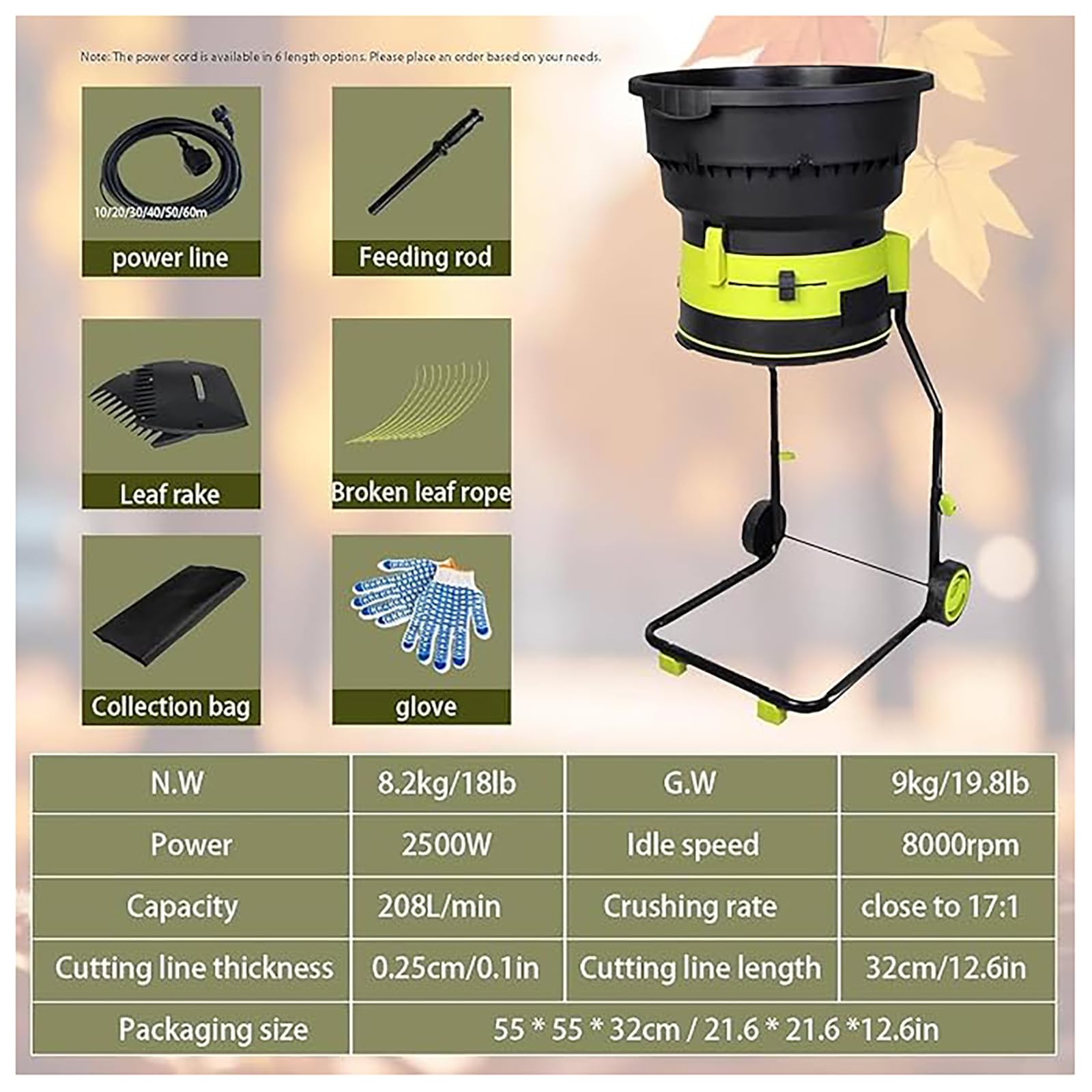 Elektryczna kruszarka do liści, kruszarka do kompostu 2500 W, maszyna do kompostowania z rozdrabniaczem 54 cm średnica lejka, z kablem zasilającym, torba do przechowywania-bez powercord