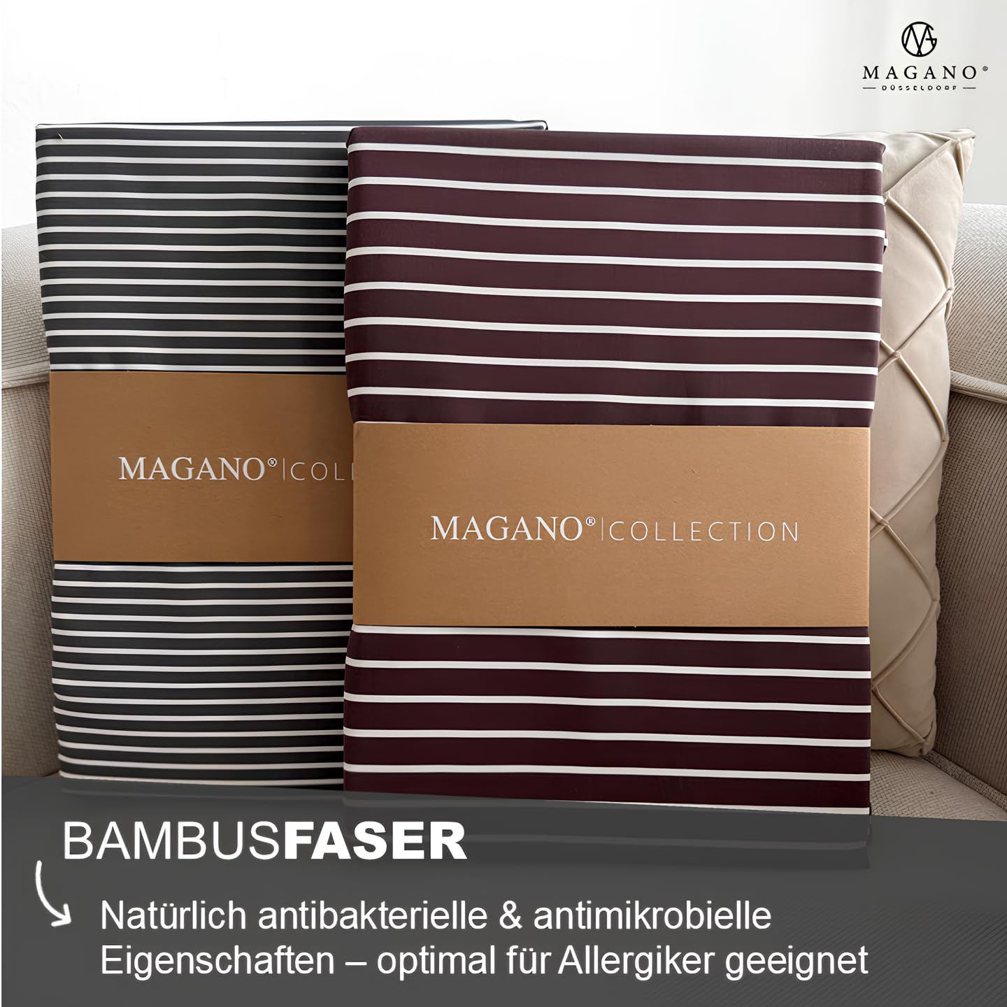 MAGANO® Sábana bajera ajustable de lujo de 160 x 200 cm, a rayas, beige/marrón, para colchón de somier, bambú y algodón satén, calidad superior 400 TC, sábana bajera ajustable de 160 x 200 cm, color