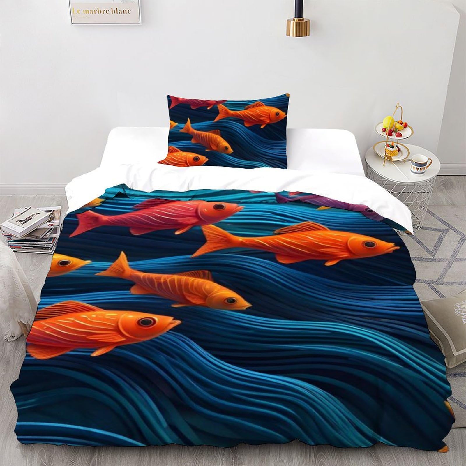 Housse de couette 135x200 poissons d'eau profonde en tissu hypoallergénique facile à laver pour fille