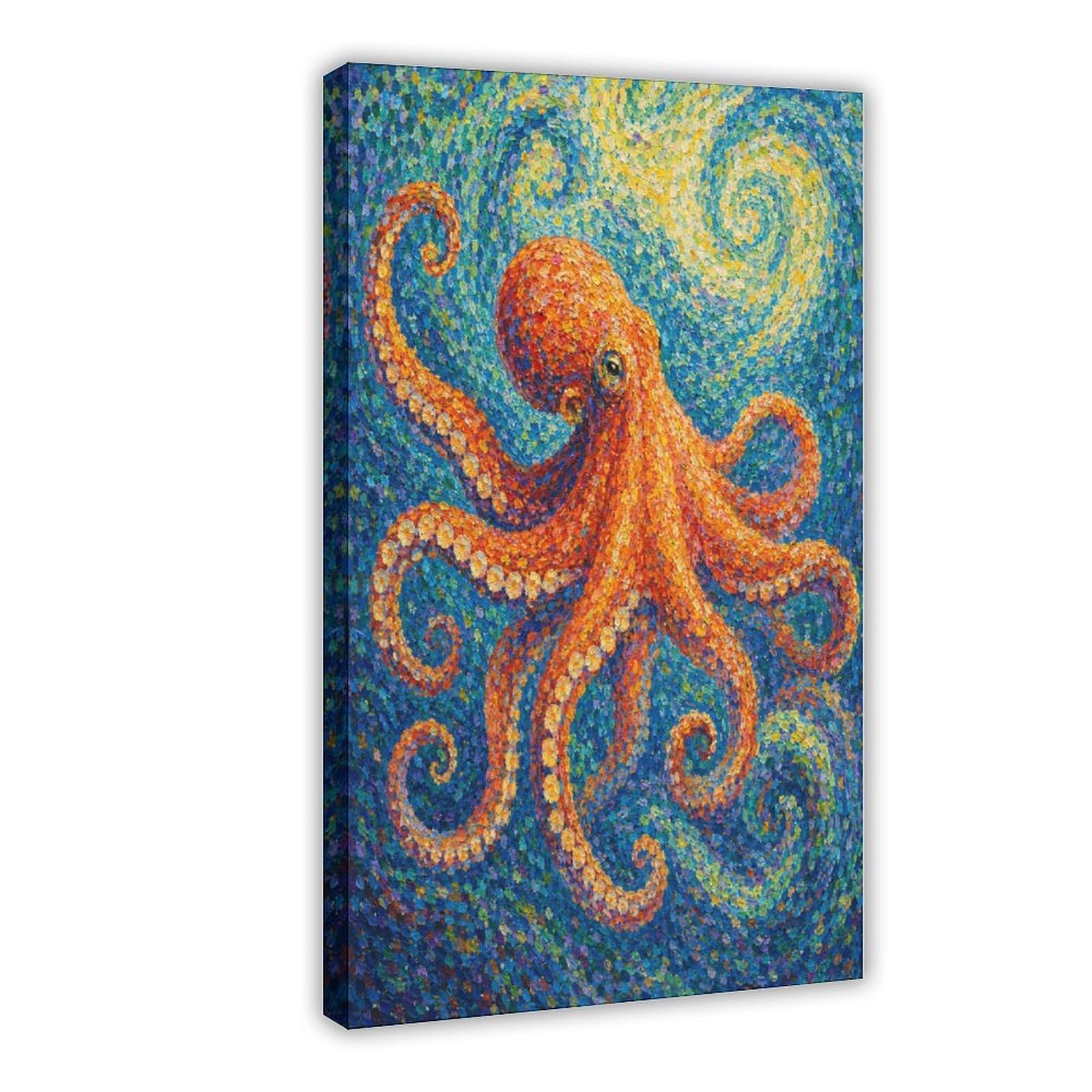 W7c8u2x3 Frame-Style-8 Orange Octopus Canvas Wall Art, Pointillist Sofa Area