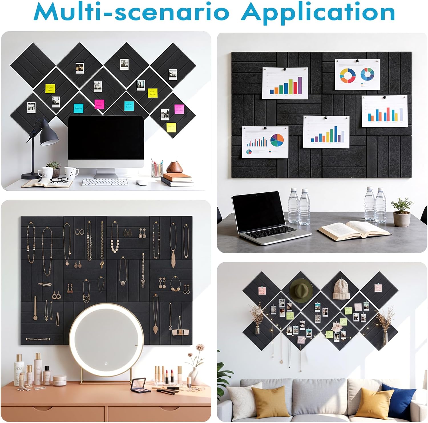 12 Pack Self-Adhesive Felt Cork Board Tiles 12"x12", Black Pin Bulletin Boards for Wall, Strong Sticky Tack Boards for Home Office Classroom Organization & Display