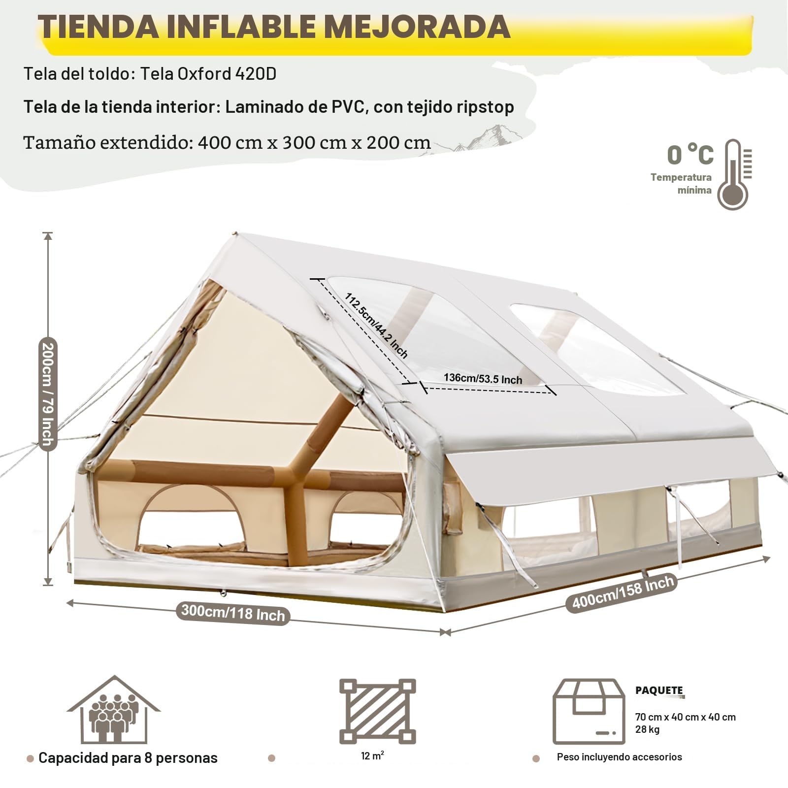 Tienda de campaña inflable con apertura de chimenea y claraboya, para exteriores, 2-10 personas, con bomba de aire, de tela Oxford impermeable, para las 4 estaciones, montaje rápido