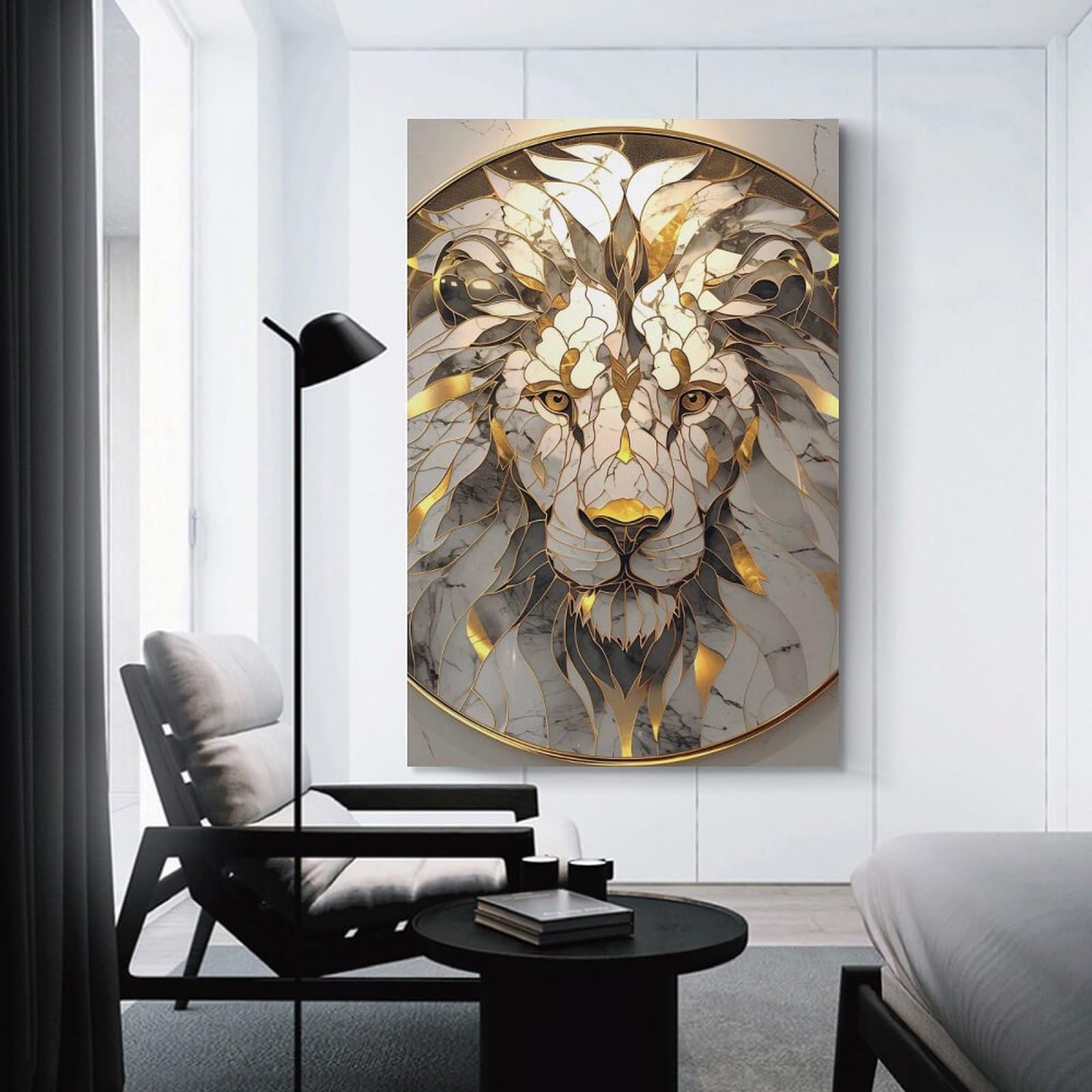 Junmoney Unframe-Style-23 Canvas Wall Decor Lion Marble And Gold Art, 24X36inch(60X90cm), For Home Lounge, Bedroom Or Reading Nook, Eye Catching Artwork For Blank Walls