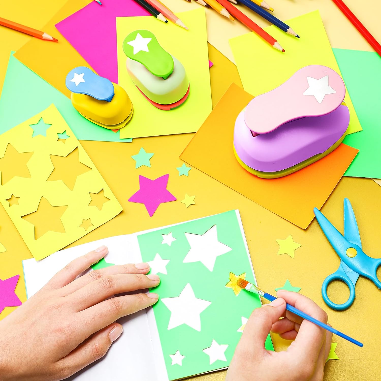 CHENGU 3 Sets Star Shaped Craft Hole Punch 2, 1 and 5/8 Inch Punch Paper Punchers with 10 Pcs Sticker, Cutter Purple Green Yellow for Card Making Scrapbook DIY Albums Photos Office Supplies