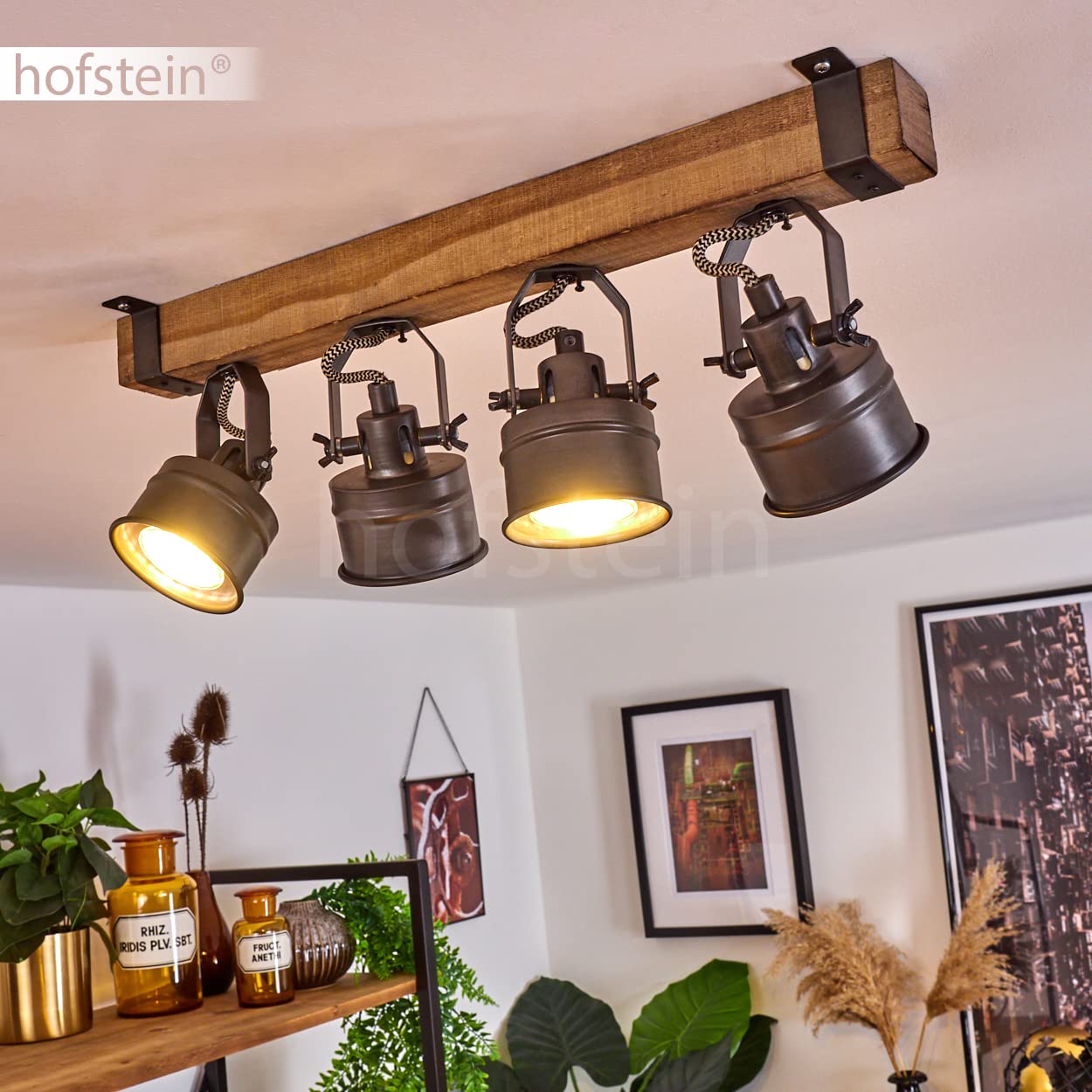 HOFSTEIN Deckenleuchte Pehefito, verstellbare Deckenlampe aus Metall/Holz in Schwarz/Braun, Leuchte im Industrial/Retro/Vintage-Design mit Holzbalken, 4 x GU10, Wohnzimmer, Esszimmer, Schlafzimmer