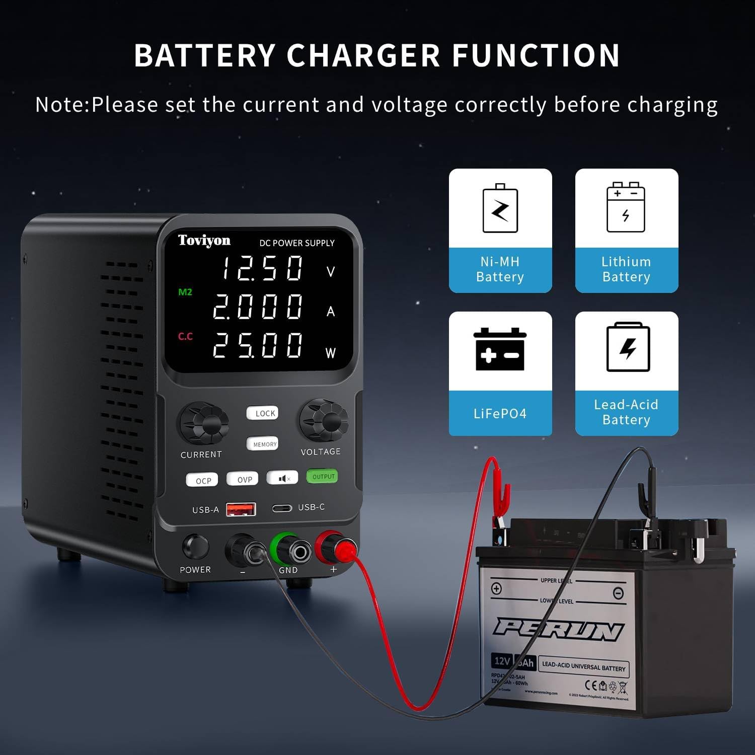 30V 10A DC Power Supply Variable, Adjustment Bench Power Supply with Encoder Knob, 4 Memory Presets, OCP/OVP Protection, USB-A and Type-C Fast Charge and Key Lock for Repair Lab DIY