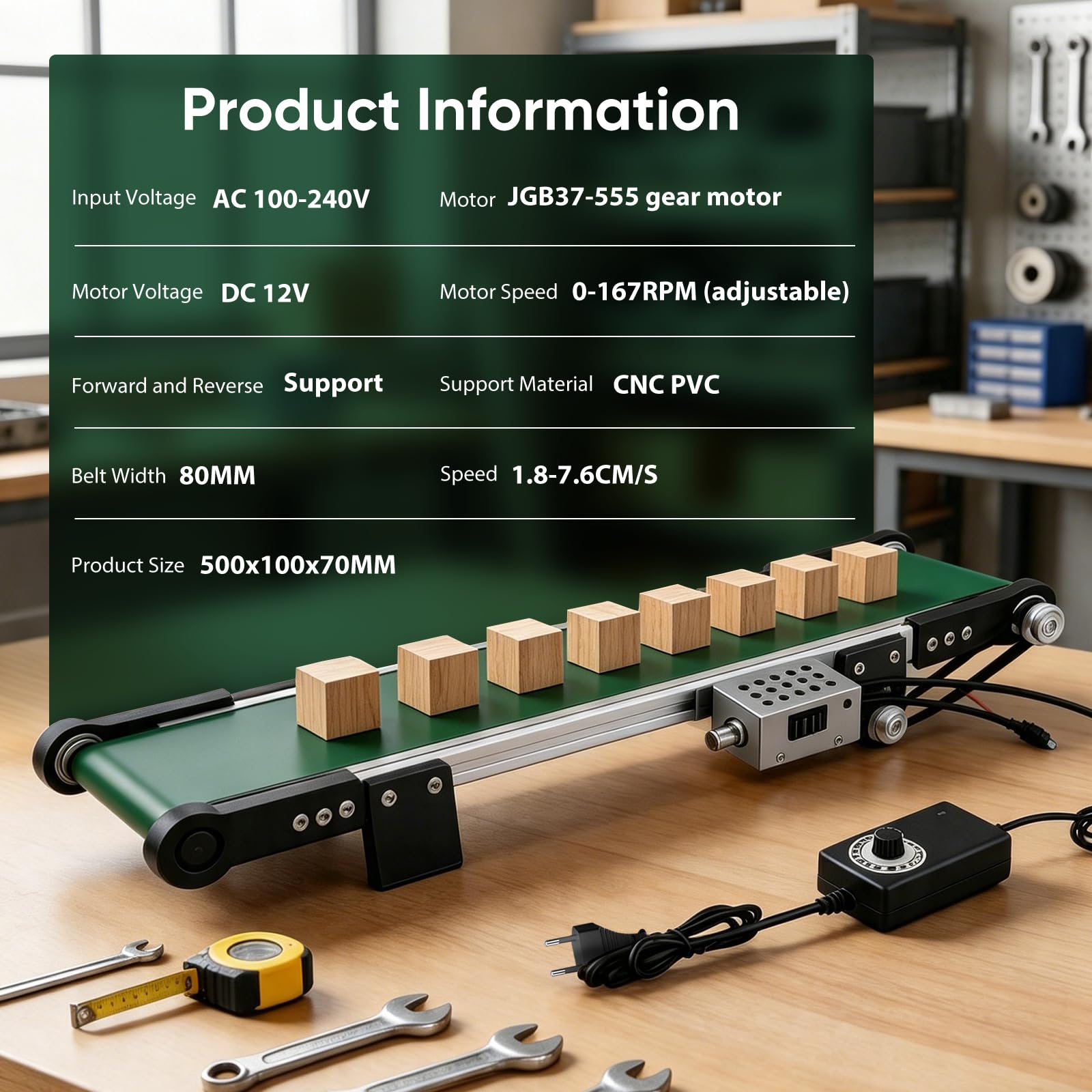 Cinta Transportadora, 50 Cm Cinta Transportadora Eléctrica Mesa Mini Transportador Sobremesa Sistema Con Avance Y Retroceso Velocidad Ajustable Ca 100-240V Para Líneas Producción Pequeñas