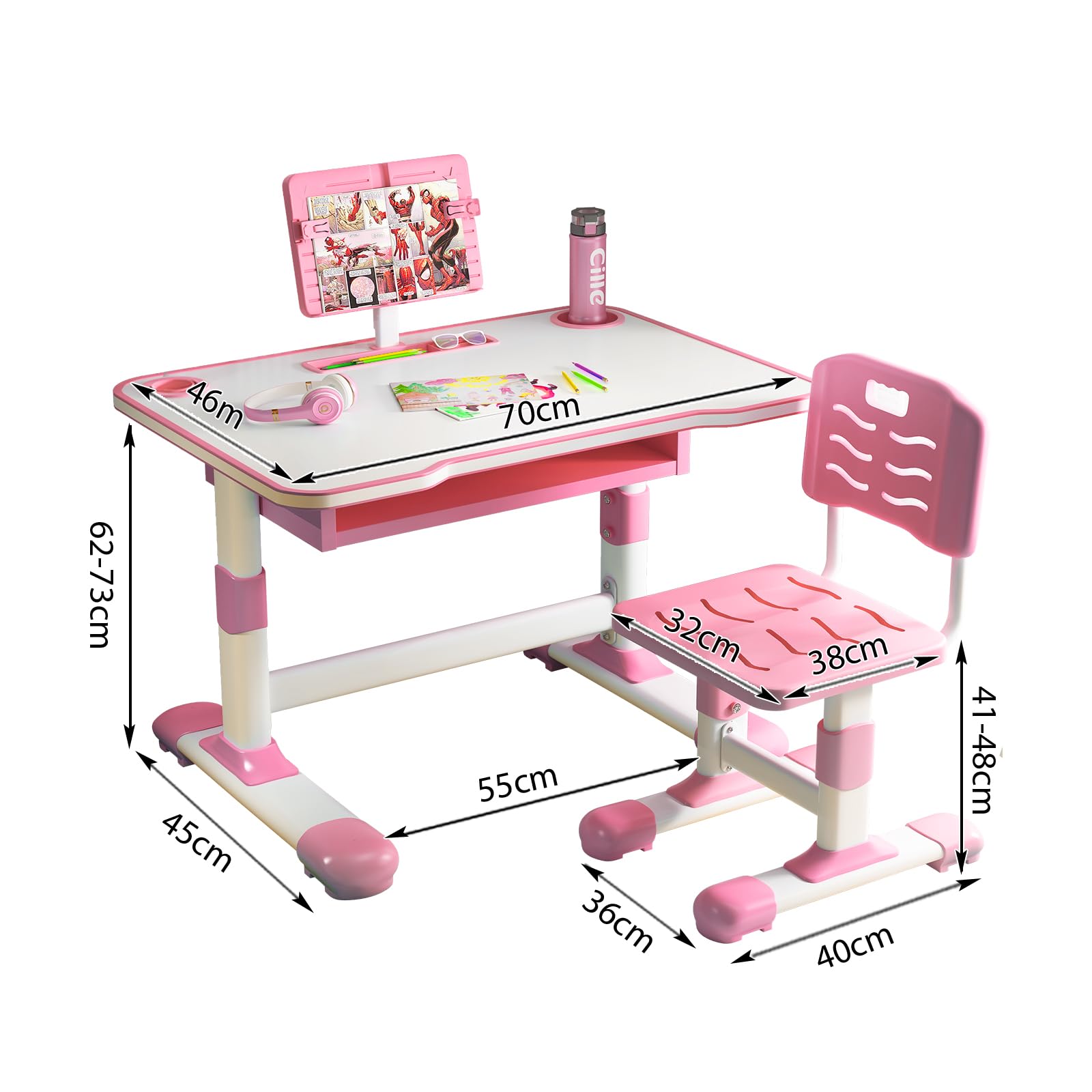 Vinteky Kinderschreibtisch Stuhl Höhenverstellbar, Kindertisch Stuhl Set mit neigbarer Tischplatte Schreibtisch Kinder Mädchen & Jungs, Höhenverstellbarer Schreibtisch mit Schubladen (Rosa)