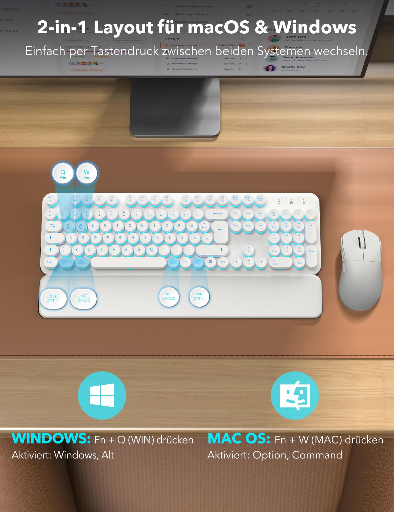 Sablute Tastatur Maus Set Kabellos QWERTZ mit beleuchteten Rundtasten | 105 Tasten, 7 Lichtfarben, magnetische Handballenauflage, USB-C aufladbar, 2,4 GHz USB Empfänger, 6-Tasten-Maus