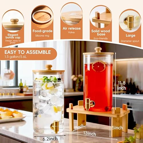 Miniatura 4 de Paquete de 2 dispensadores de bebidas de vidrio de 1.5 galones, dispensador de bebidas para suministros de fiesta con soporte de madera,