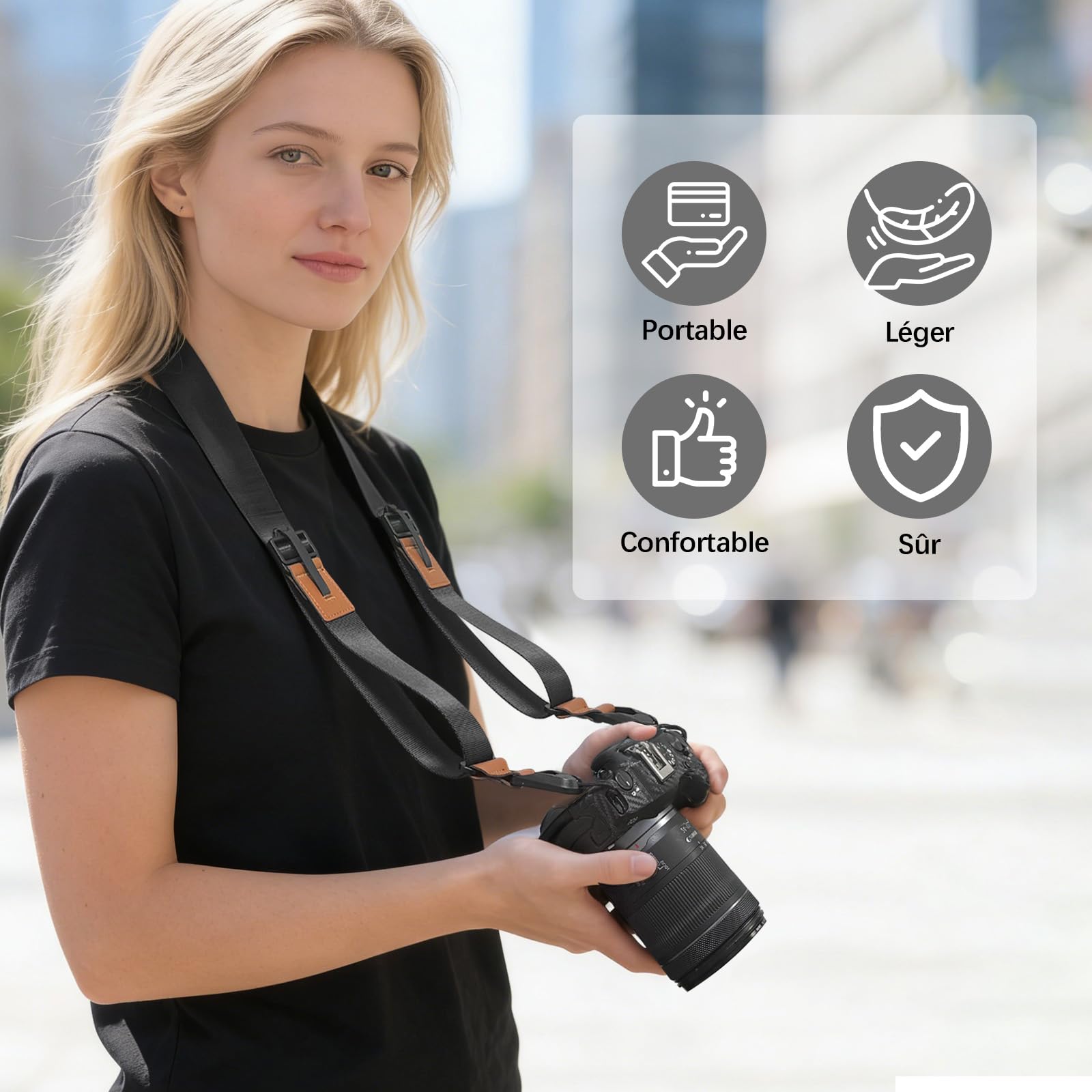 Sangle Appareil Photo avec Fermetures Rapides, Lanière Noire et Marron pour Appareils Numériques, Camera Strap avec 4 Points d'Attache