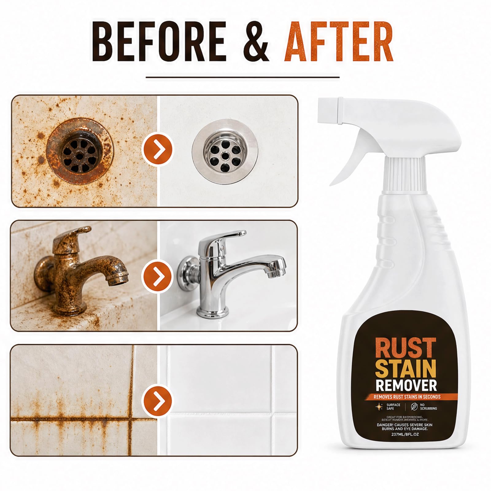 Rostentfernerspray für Metall und Edelstahl - Hartwasserfleckenentfernerspray für Bad und Glas, präzise Wasserflecken.- Multi-Surface Rostreiniger und Poliersprays aus Edelstahl (3 STÜCKE)