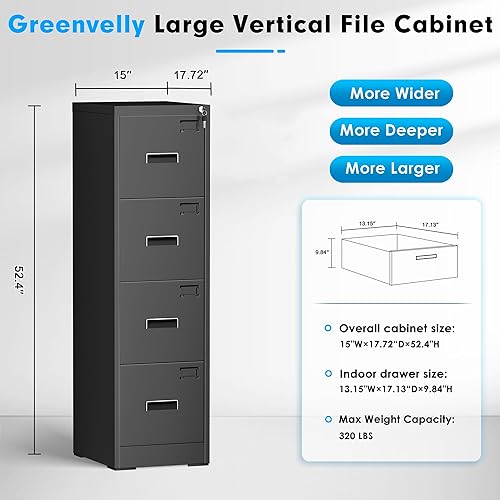 Miniatura 3 de Greenvelly Archivador negro con 4 cajones, archivador vertical de 18 pulgadas de profundidad con cerradura, archivador de bloqueo para oficina en