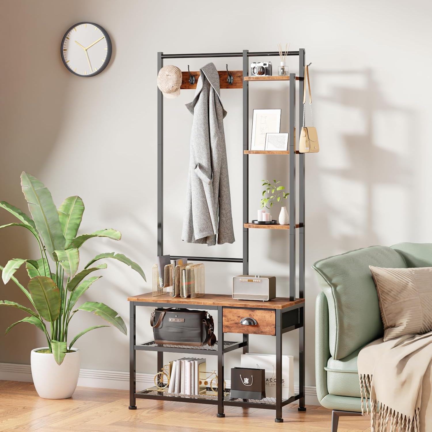 Furologee Coat Rack, Hall Tree with Bench and Shoe Storage, 4 in 1 Entryway Bench, Coat Rack with 3 Shelves and Drawer, Entryway Organizer with 5 Hooks for Hanging, Rustic Brown