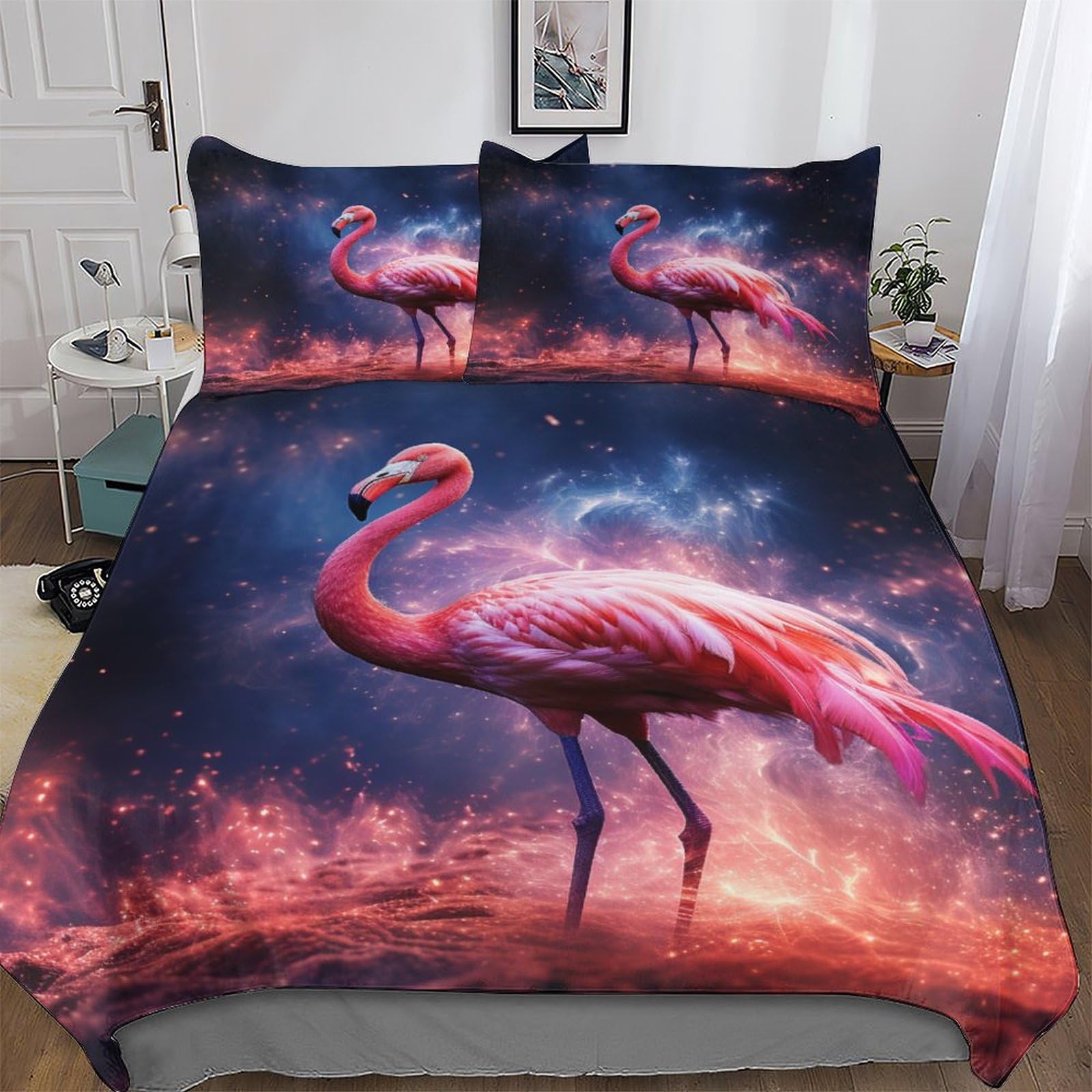 Flamingo Bedding Set 3D Print Duvet Cover for Teens Boys And Girls Soft Microfiber with Zipper Closure Comforter Cover 3-Piece Quilt Cover Decorated Single (135x200cm)
