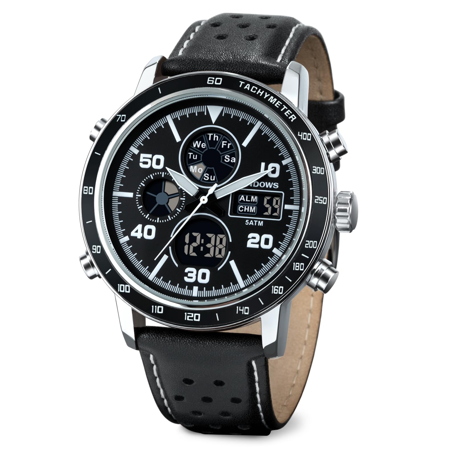 PINDOWS Relojes para Hombre, Reloj para Hombre Digital, analógico, de Lujo, Reloj de Correa de Cuero, multifunción y Resistente, con retroiluminación LED, Alarma
