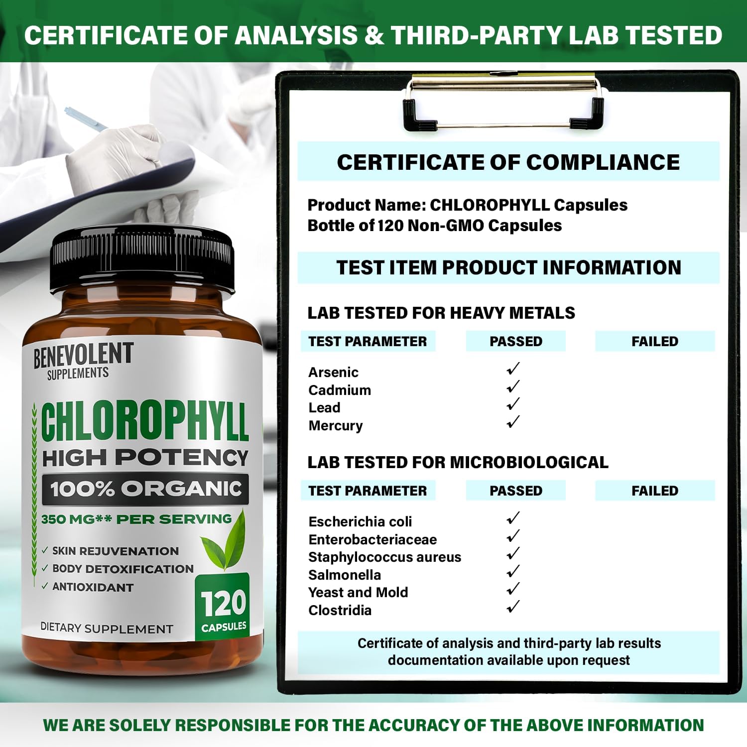 Benevolent Chlorophyll Capsules 350mg - 100% Natural + Ultra Chlorophyll 20x Potency Concentration for Energy Boost, Immune Support, Internal Deodorant, Skin Health, Non-GMO, 120 Capsules - Image 7