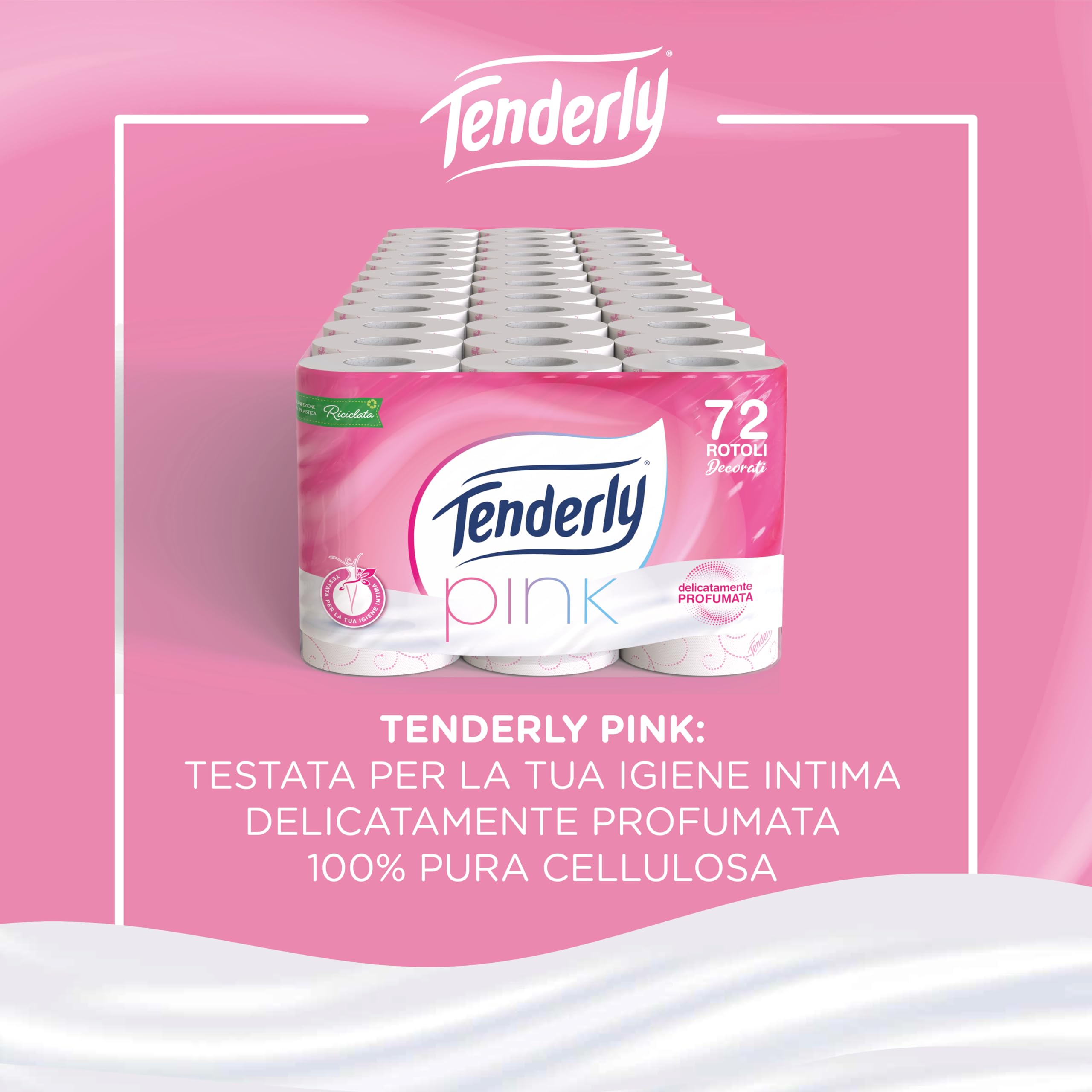 Tenderly, Carta Igienica, Pink, 72 Rotoli, Pulizia Efficace, Delicatamente Profumata, Finemente Decorata, Dermatologicamente testata, Made in Italy, 811E35