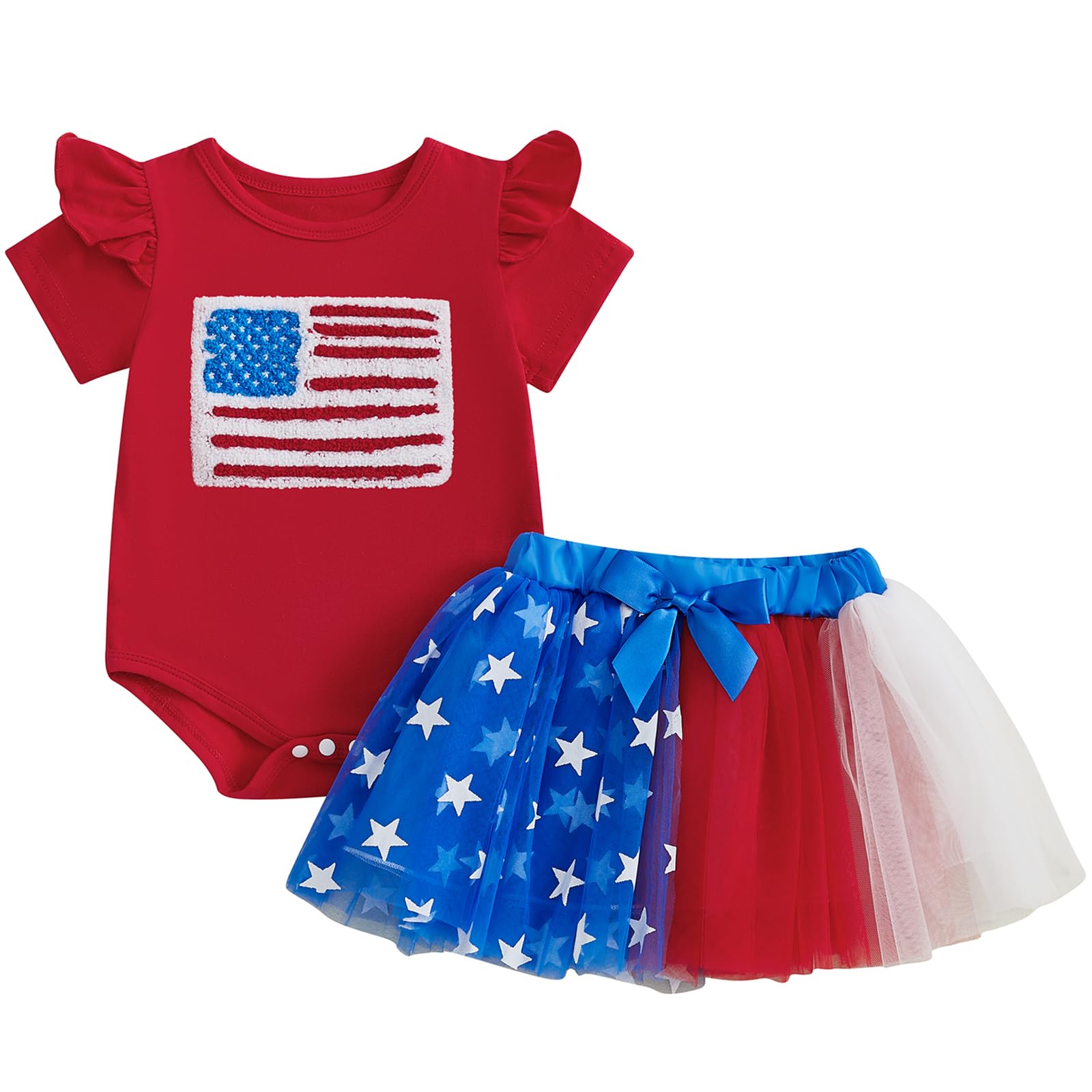 Kayotuas Baby Girl 4th of July Outfit USA Ruffle Romper Red White Blue American Flag Tulle Skirts Set Fourth of July Clothes (Red American Flag, 12-18 Months)