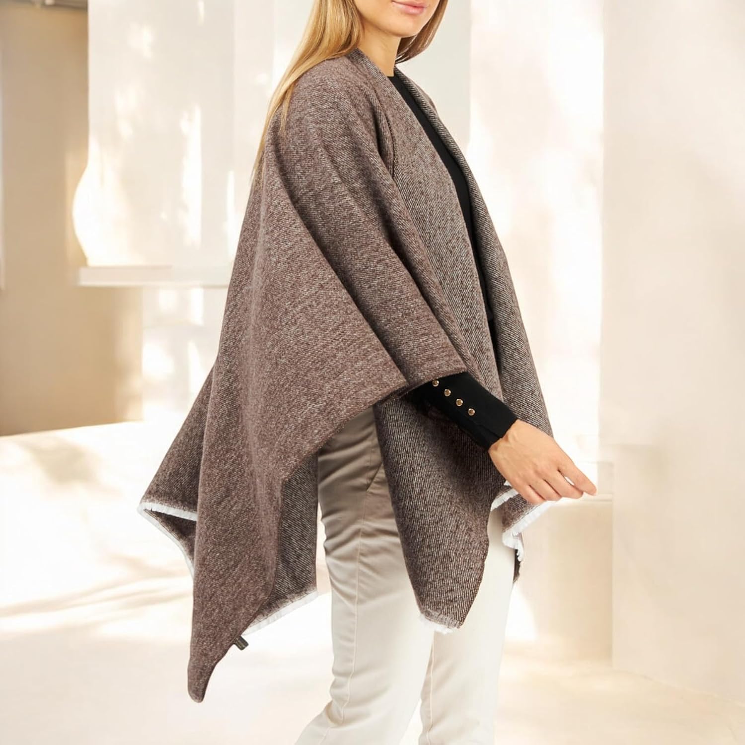 Women's Shawl Wrap Poncho Ruana Cape Cardigan Sweater Open Front for Fall Winter Spring - Image 4