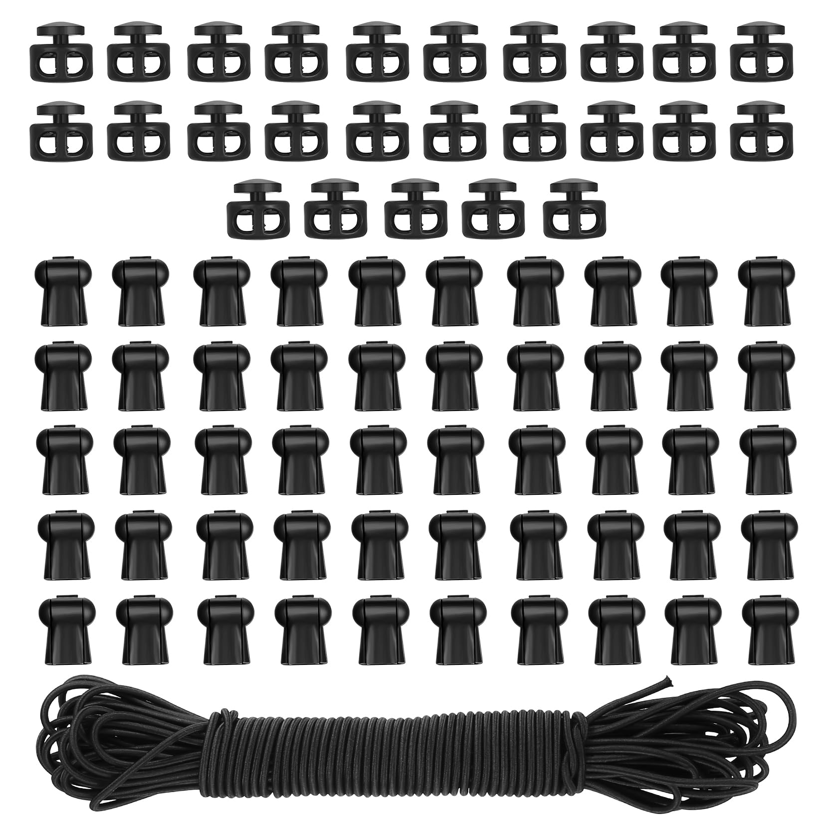 Plastic Cord Locks and Black Elastic Cords 3mm x 15m: 25 Pcs Spring Toggle Stoppers Fastener Slider with Bungee Cords & 50 Pcs Tail Toggles for Cord Stopper Toggle for Backpack Shoelaces Clothing