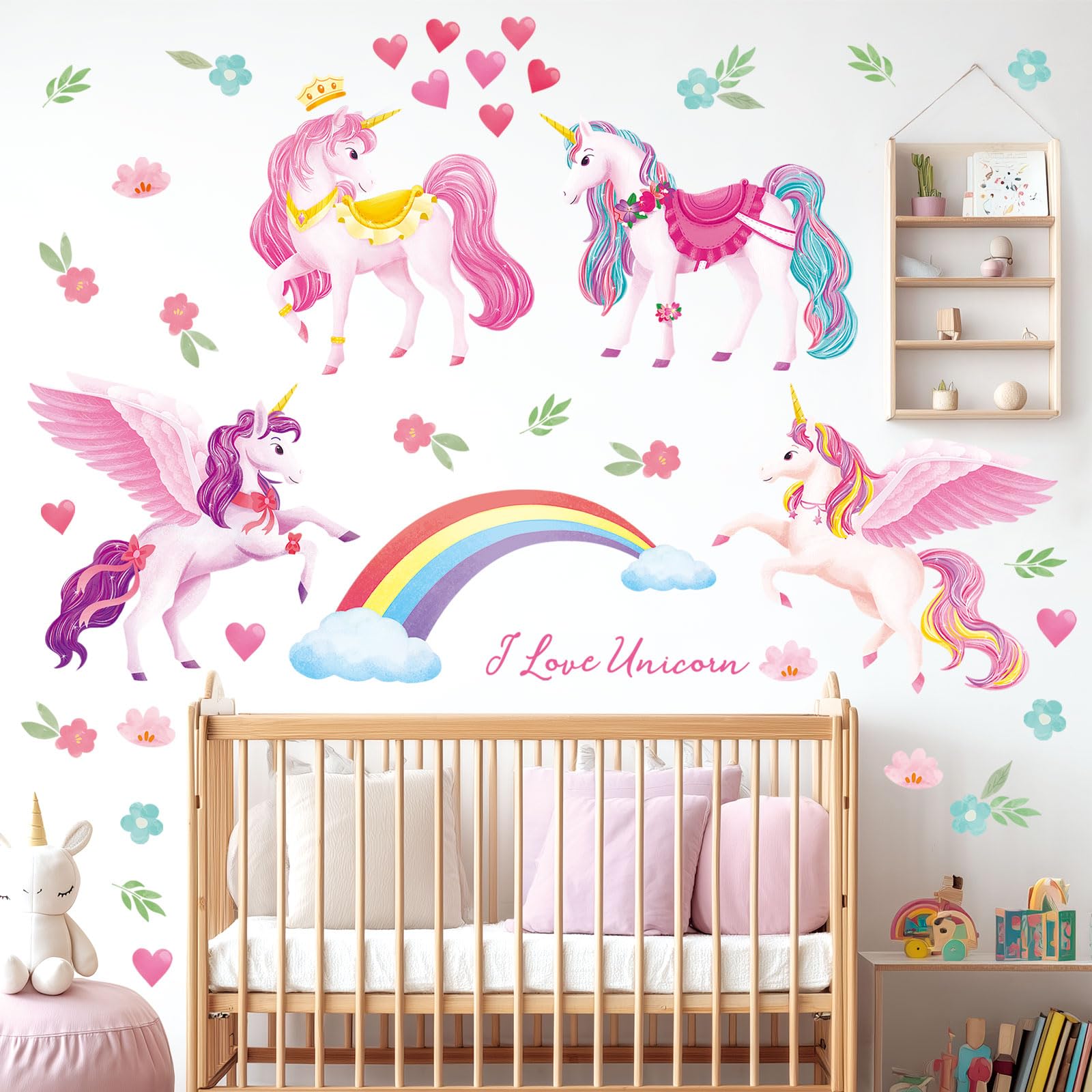Decowall Girls Unicorns Ds9-8072 Unicorn Wall Stickers For Bedroom Removable Wall Decals For Kids Room, Nursery, Baby Room Pink Flying Hearts, Flowers And Stars