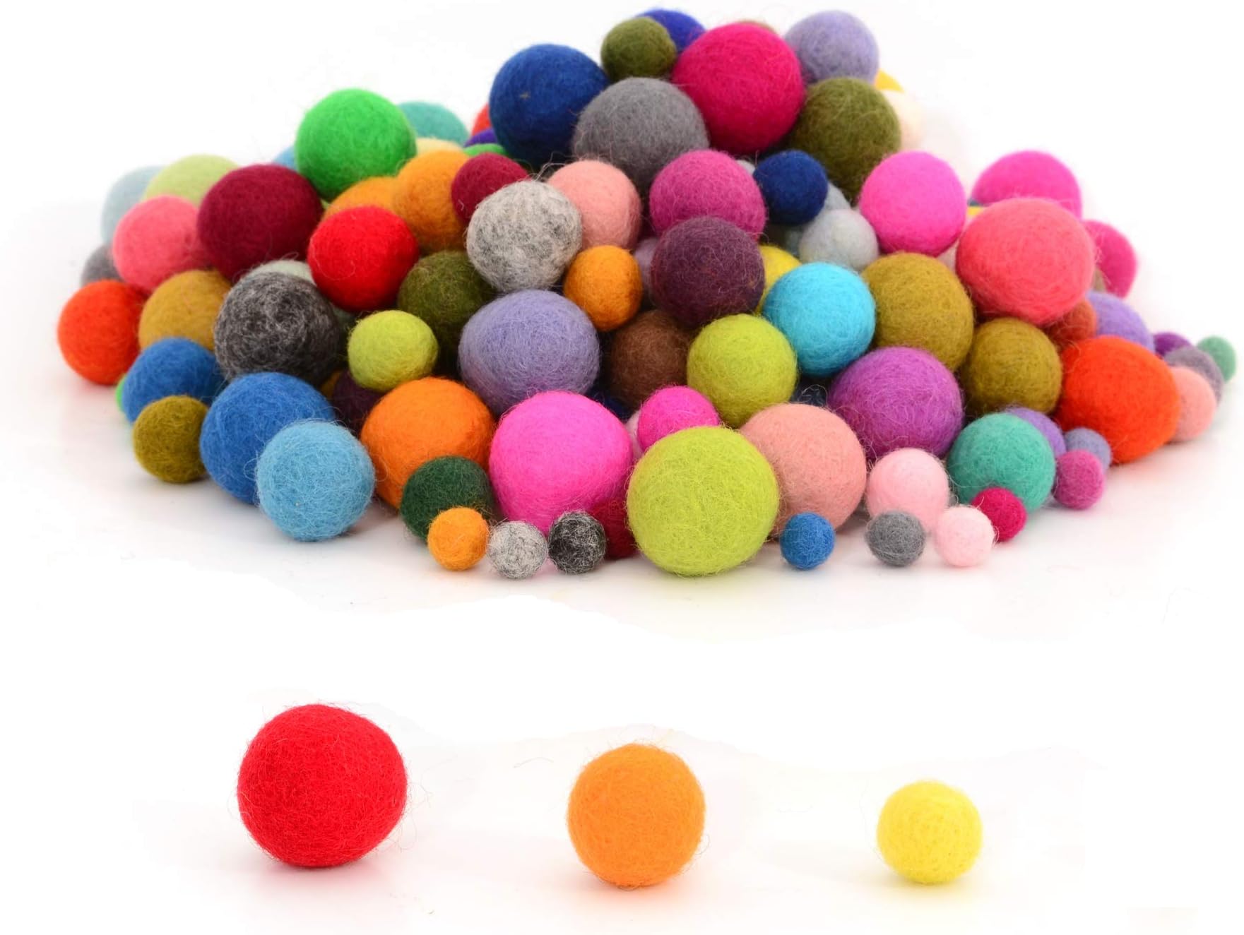 Glaciart One Felt Pom Poms, Wool Balls (120 Pcs) 3 Sizes: 1.5 cm, 2 cm & 2.5 cm, Handmade Felted 40 Color (Red, Pink, Blue, Orange, Yellow, White, Pastel & More),Bulk Small Puff for Felting &Garland