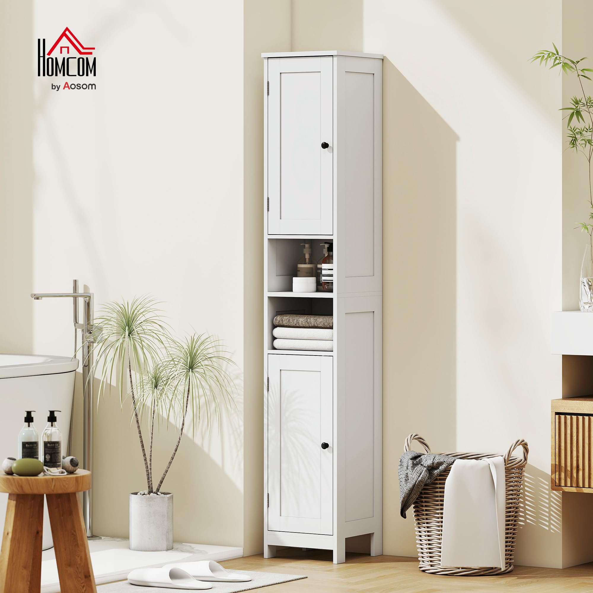 HOMCOM Mobile Bagno a Colonna con 2 Armadietti e 2 Ripiani Aperti Mobiletto Bagno Salvaspazio con Ripiani Regolabili per Soggiorno Sala da Pranzo 30x30x170 cm Bianco