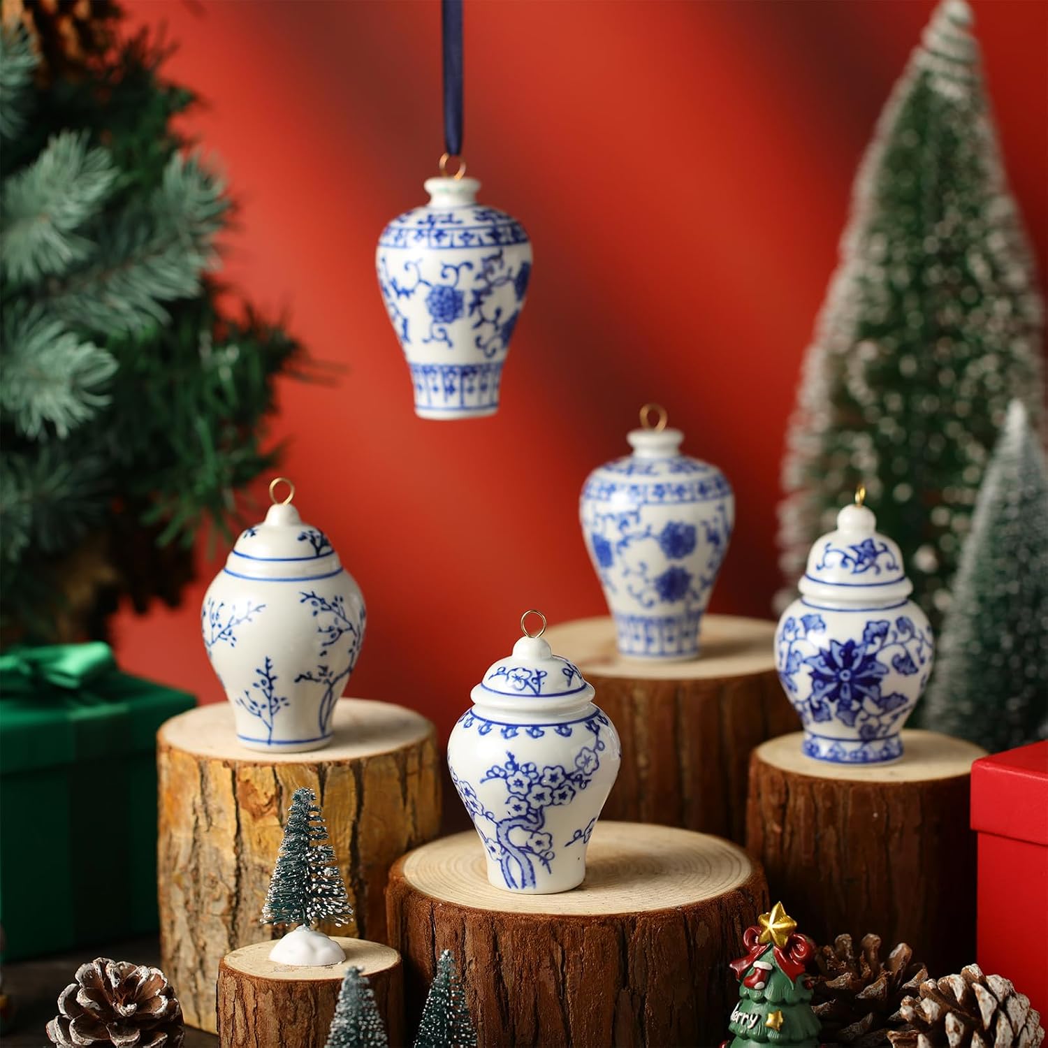 Peryiter 12 Pieces Christmas Chinoiserie Ornaments Mini Ginger Jar Porcelain Blue and White Ornaments Christmas Chinoiserie for Xmas Tree Decoration(Blue White,Retro)