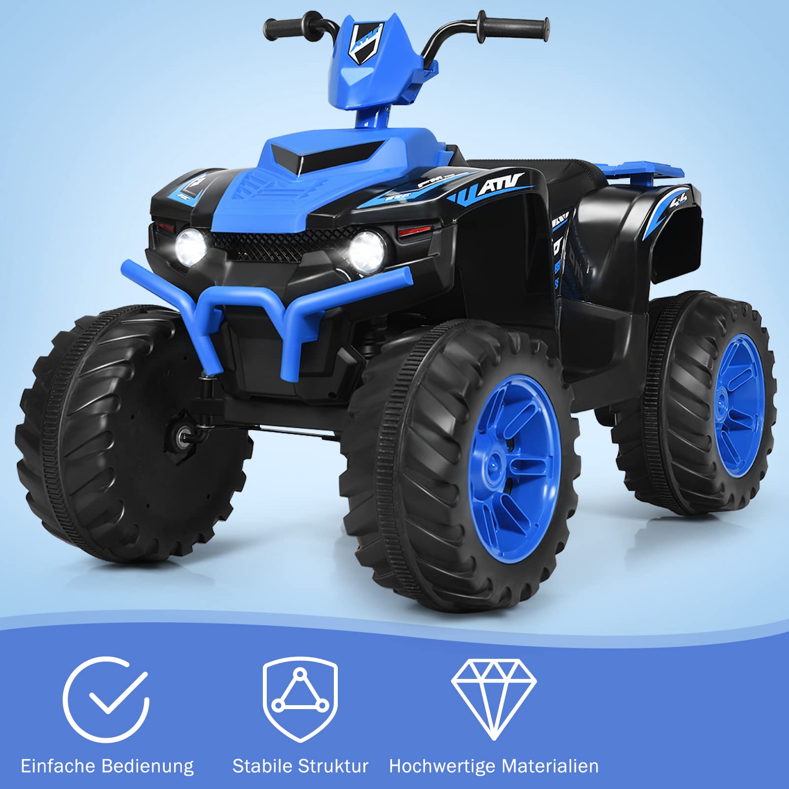 GOPLUS 12V Kinder Elektroquad, Batteriebetriebenes Auto mit LED-Scheinwerfern, Musik, Hupe, USB, Bluetooth, Radio, Langsamer Start, Hohe/Niedrige Geschwindigkeit, Quad Motorrad (Blau)