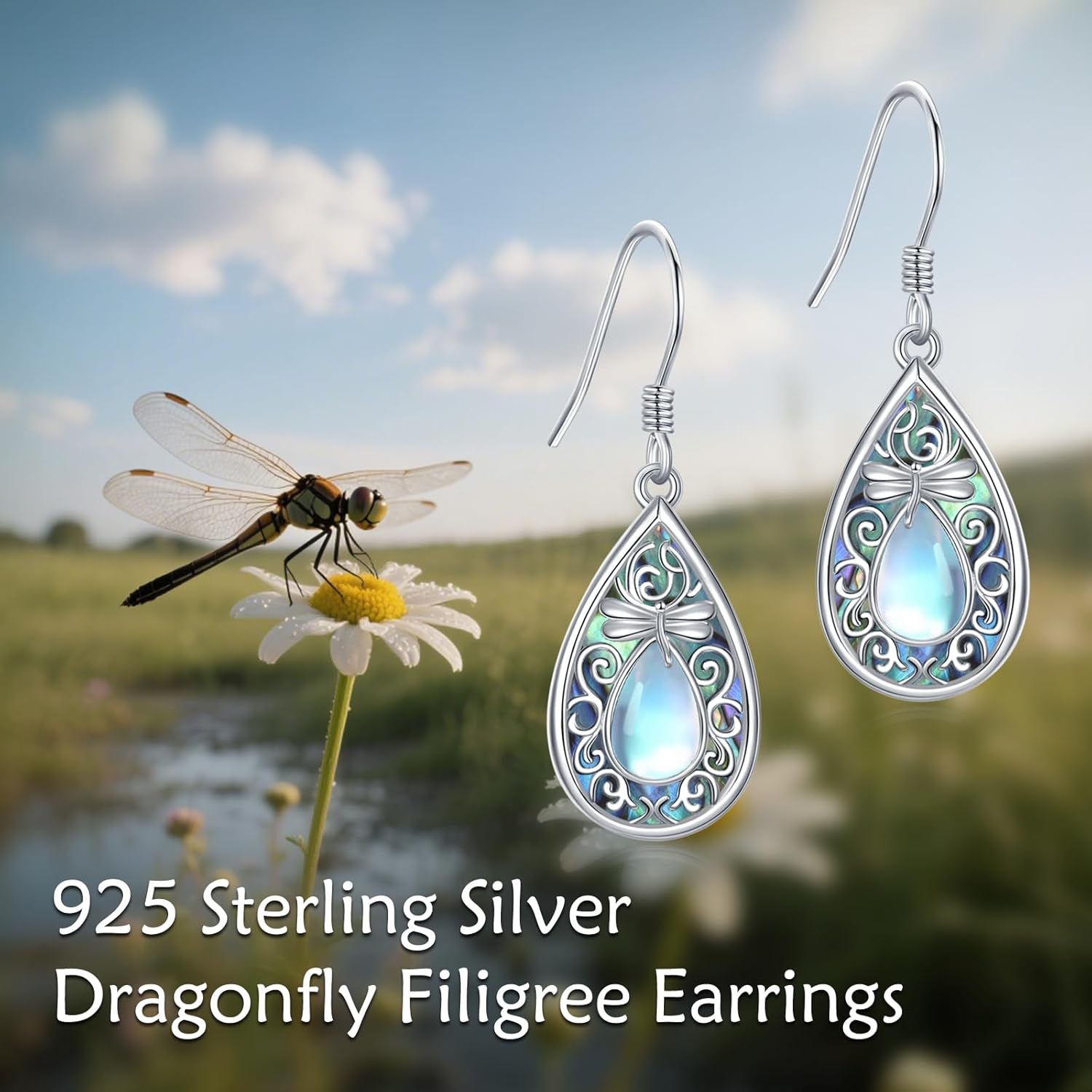 Dragonfly Earrings for Women 925 Sterling Silver Moonstone Abalone Shell Jewelry Birthday Gift - Image 6