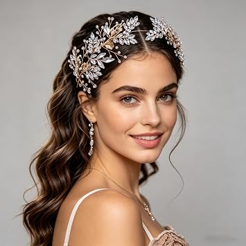 Rhinestone Wedding Headband Handmade Leaf Crystal Bridal Headpieces for Wedding Hair Accessories for Brides and Bridesmaid Gold