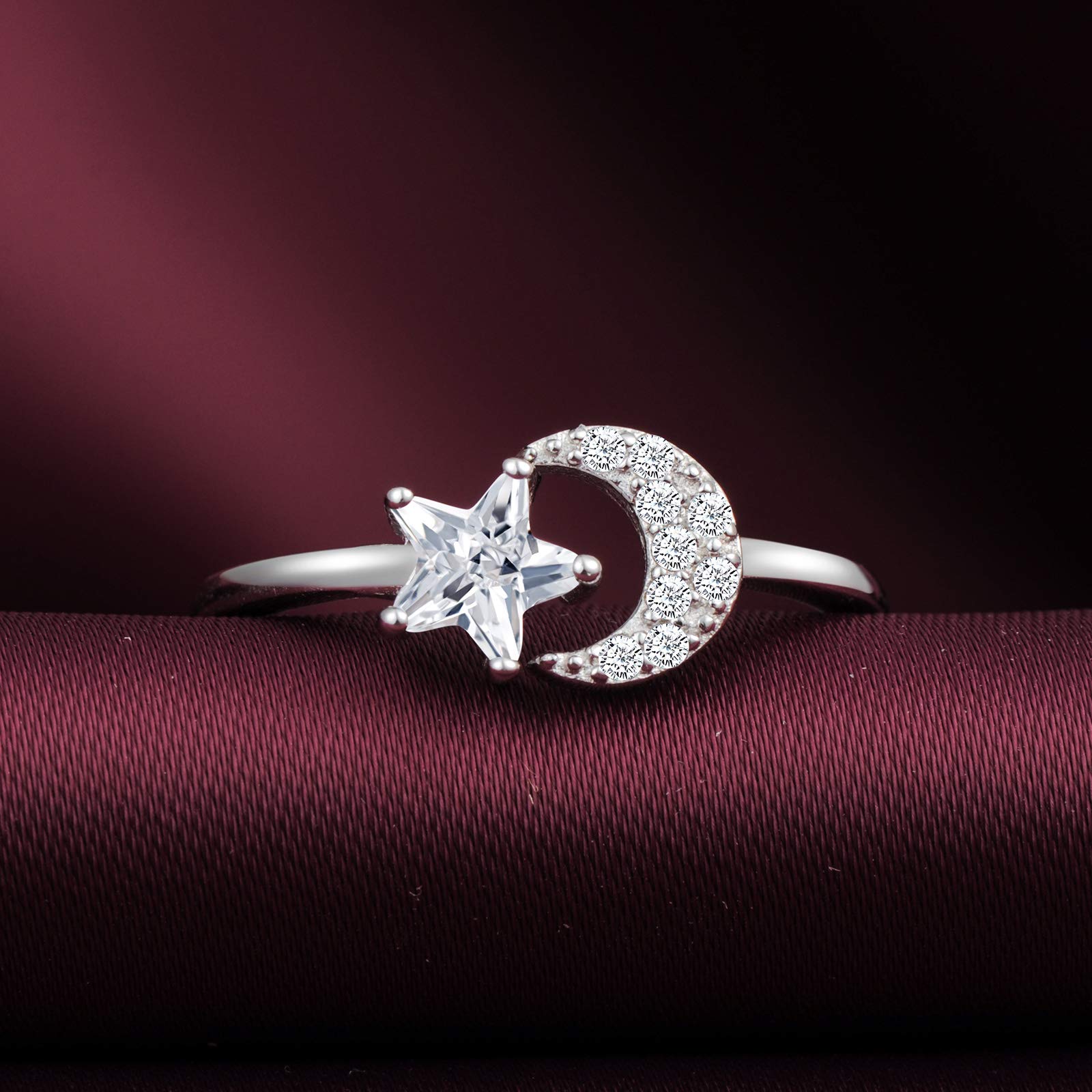 Yumilok Anillo de plata 925, anillo ajustable para mujer y niña, anillo de compromiso abierto, anillo de luna y estrella, circonita cúbica con incrustaciones, tamaño ajustable